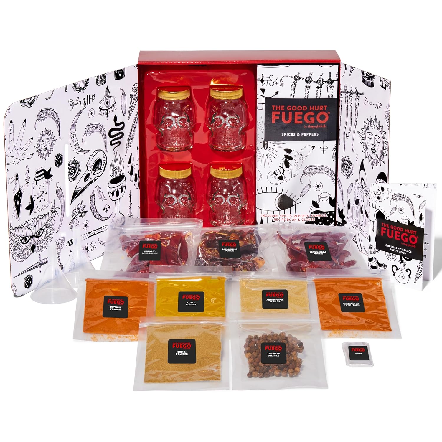 Thoughtfully Gourmet, The Original DIY Hot Sauce Kit, Gift Set Includes 4 Skull Glass Jars, 2 Funnels, Seasonings, Gloves and Recipe Book