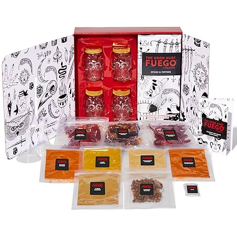 The Good Hurt Fuego by Thoughtfully, DIY Hot Sauce Set, Includes 4 Skull Shaped Reusable Glass Jars, 2 Funnels, Seasonings, Gloves and Recipe Book to Make Your Own Hot Sauce