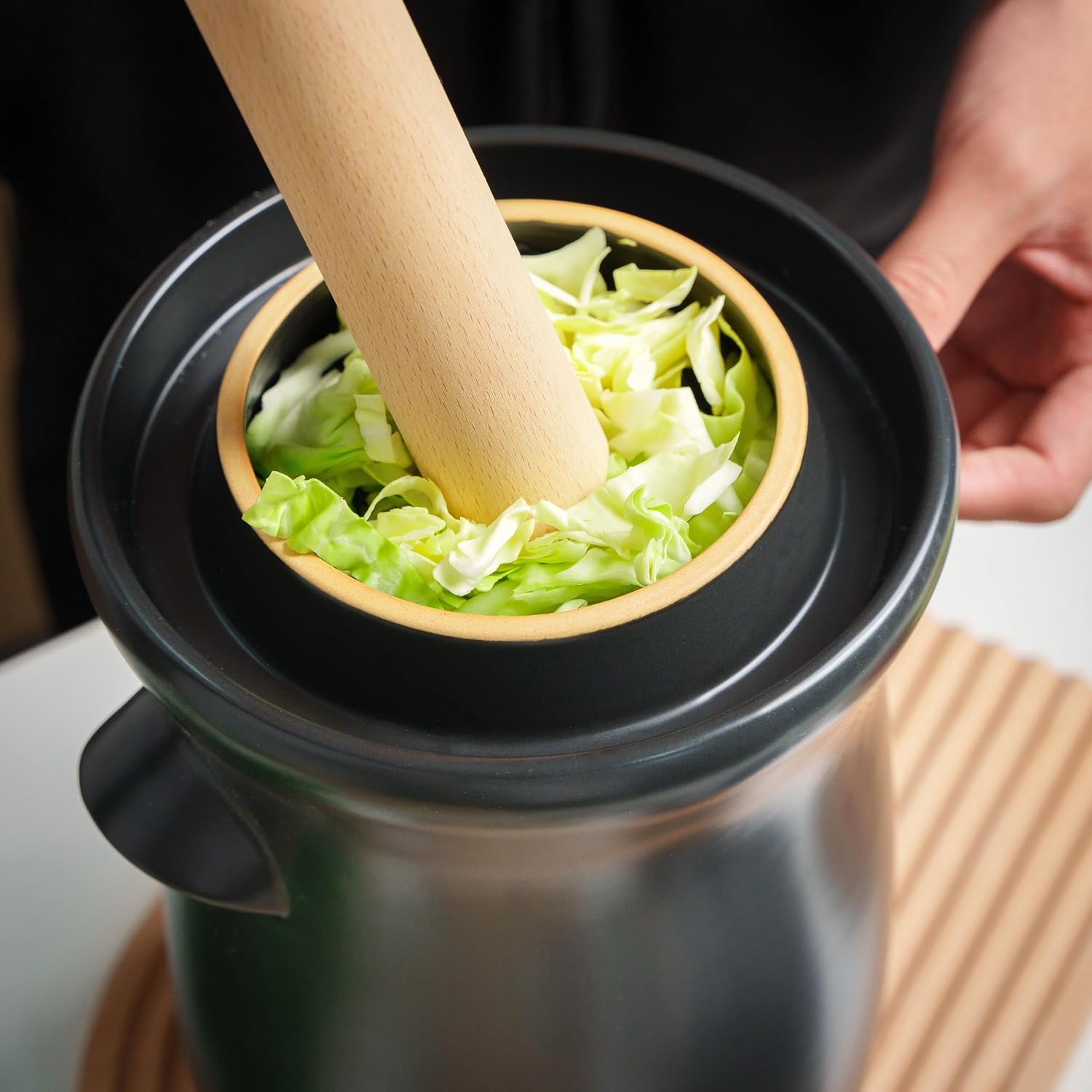 Fermentation Crock 3.8Liter/1 Gallon Stoneware Pot for Fermenting, Pickling Kimchi, Pickles, Vegetables, Kombucha - Glazed Fermenter with Stone Weights, Lid & Pickle Tamper-Black Crock
