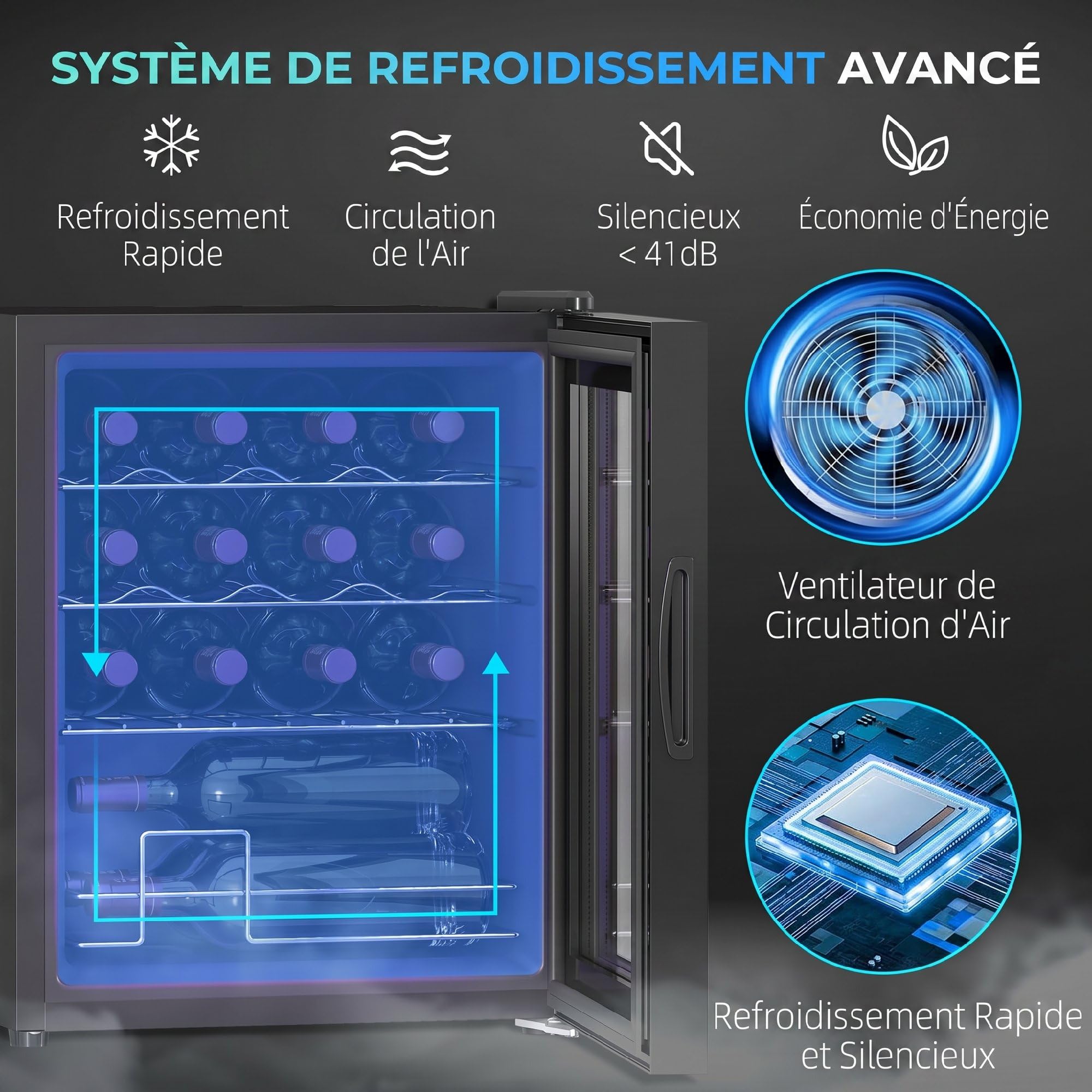 HOMCOM Cave à Vin 16 Bouteilles 42L, Réfrigérateur à Vin et Boissons avec Température Réglable 5-18°C, Porte en Verre Trempé, Étagères Ajustables, Écran Tactile, Éclairage LED, Noir