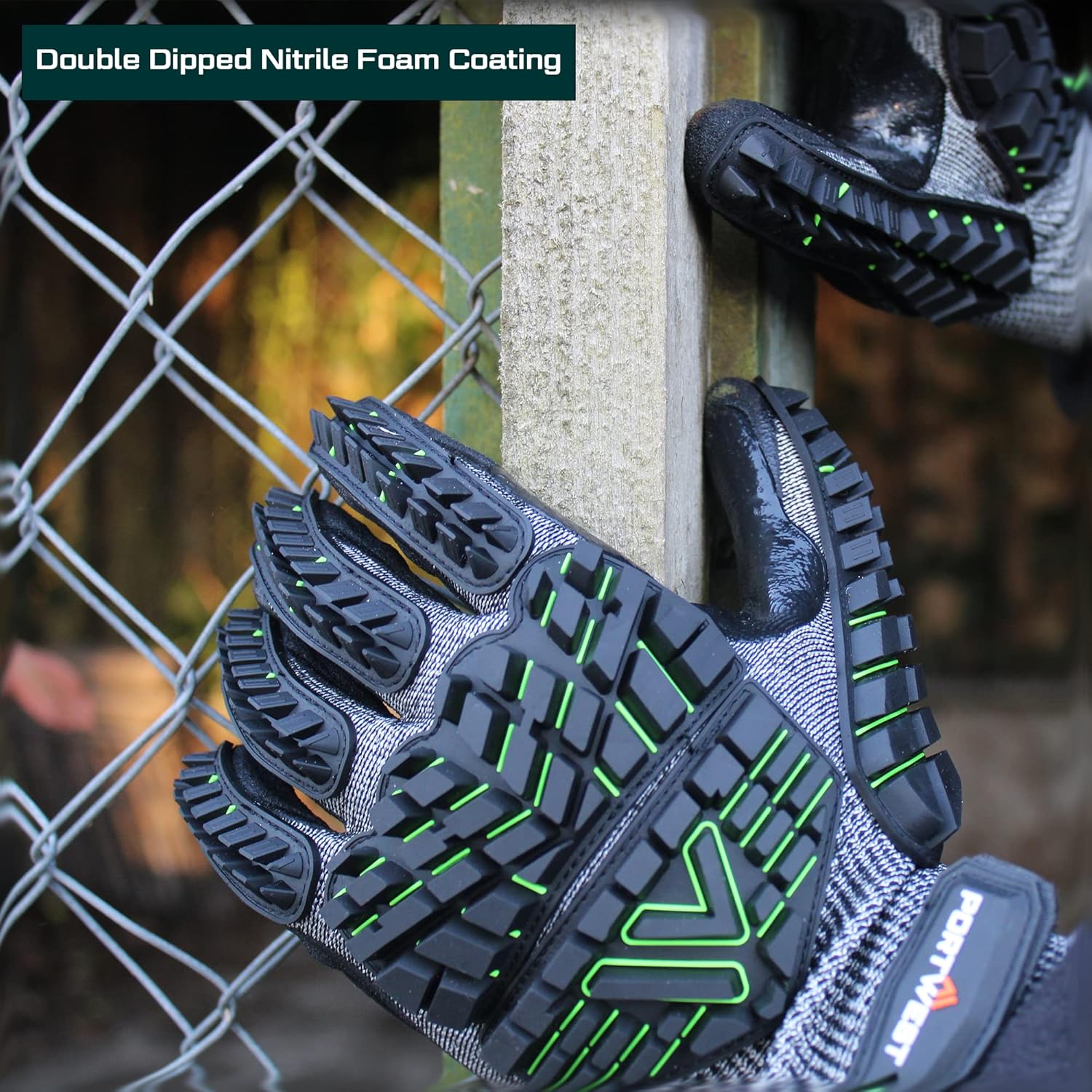 Portwest A755 Anti Impact Safety Work Gloves - Nitrile Foam Cut Resistant & Impact Reducing Protective Work Gloves Black/Green, XX-Large