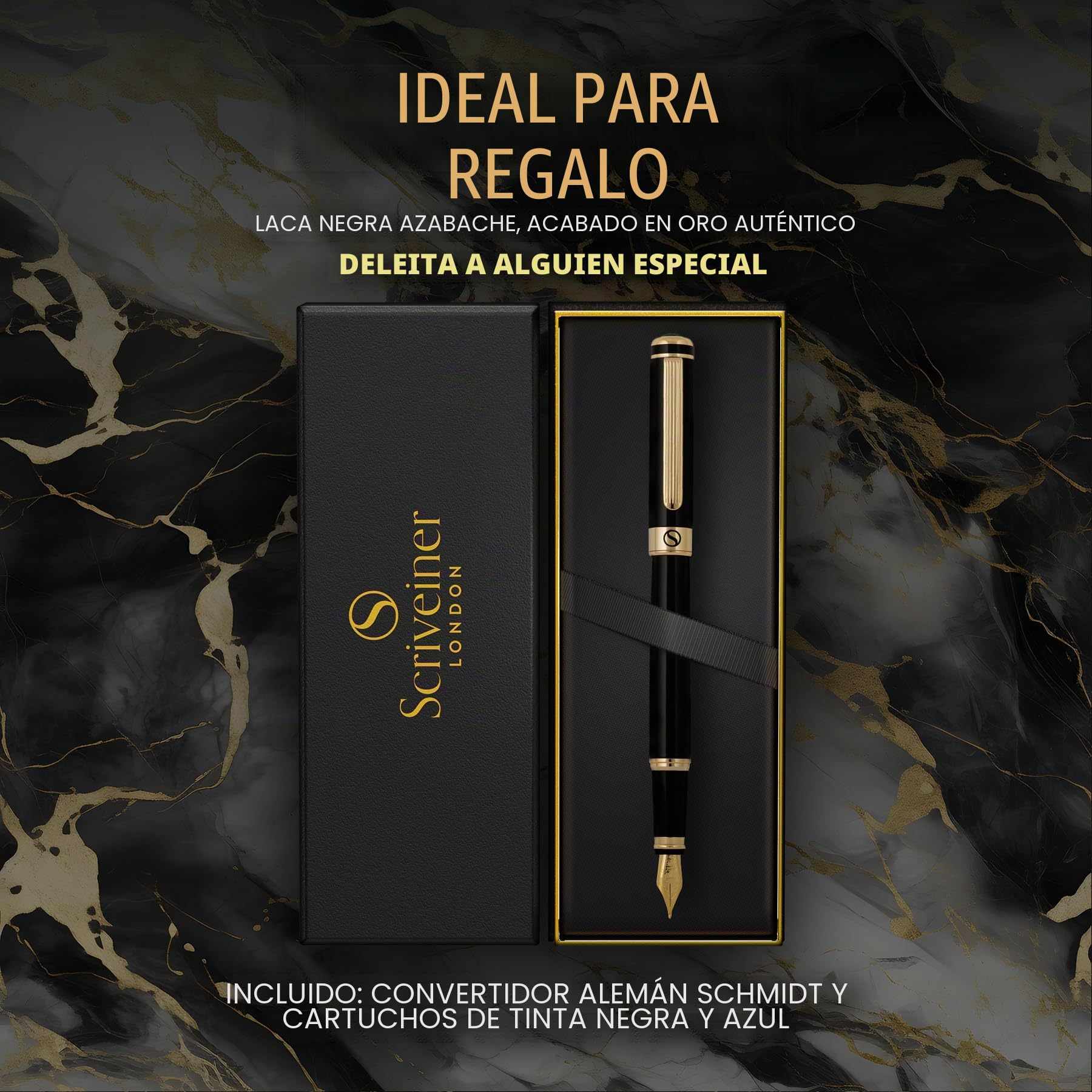 Scriveiner Pluma Estilográfica Negra con Detalles de Chapado en oro auténtico, Plumilla y Convertidor Instalado Schmidt, Incluye Dos Cartuchos de Tinta, Azul y Negro