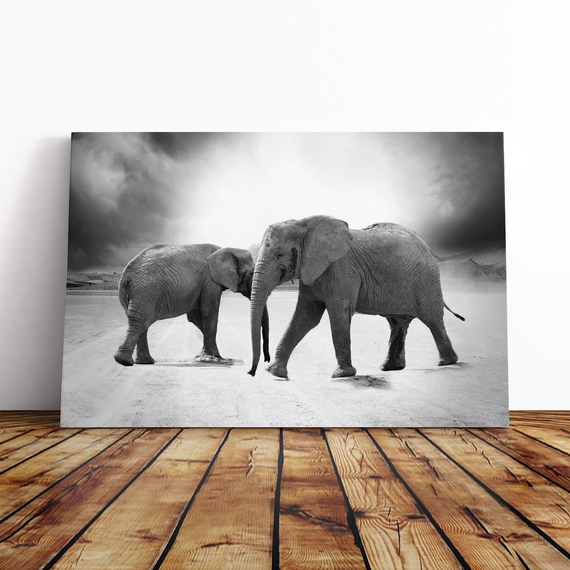Two Elephants Canvas Print | Gallery Wrapped 30mm Frame Wall Art | 30x20 inches | Ready to Hang | Modern Animal Picture | Living Room Bedroom Lounge Office