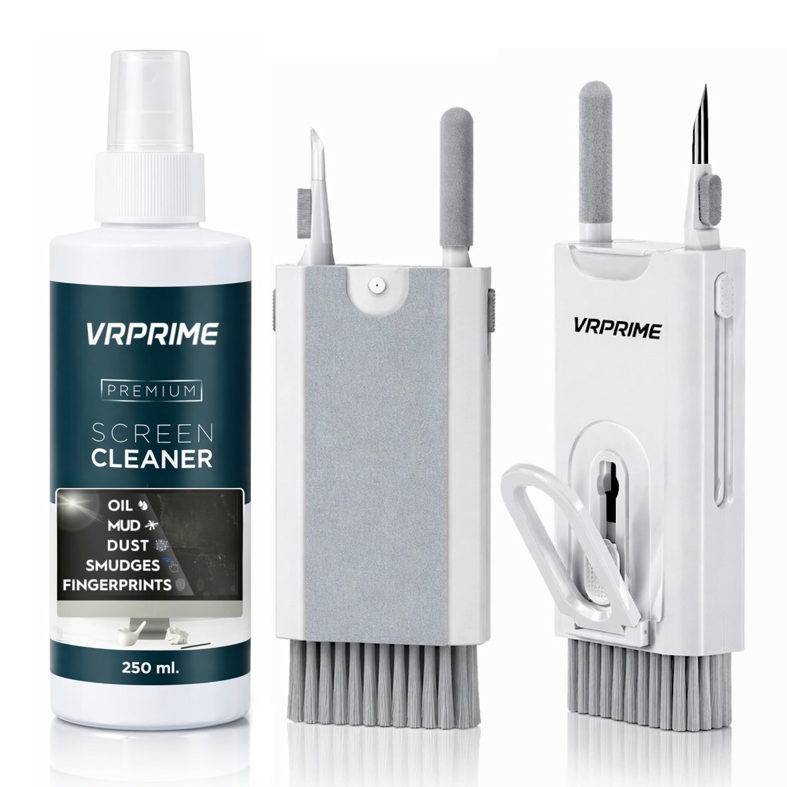 VR PRIME 8-in-1 Laptop & Screen Cleaning Kit | Mobile Phone Cleaning Kit | Tools for Keyboard, Earbuds & Screen Cleaner | White, Microfiber Cloth, 250ml Screen Cleaner Liquid Spray