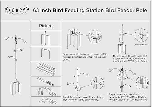 Miniatura 4 de Highpro - Estación de alimentación de aves – Soporte de múltiples ganchos de 63 pulgadas para observar atraer aves silvestres al aire libre, poste