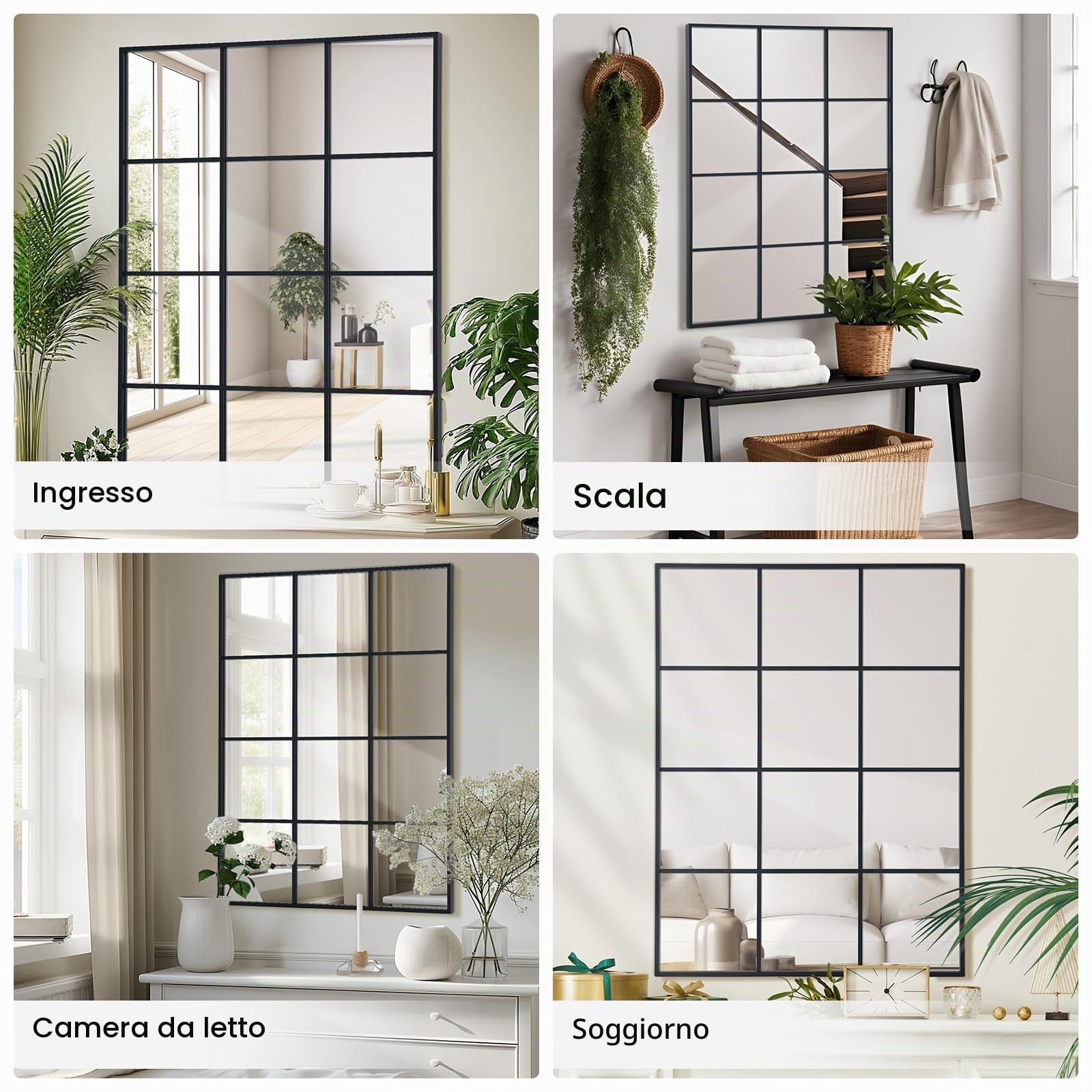 Specchio rettangolare per finestra, 75 x 120 cm, con cornice in alluminio nero, specchio da parete per interni, soggiorno, corridoio, ingresso, esterno, decorazione da giardino