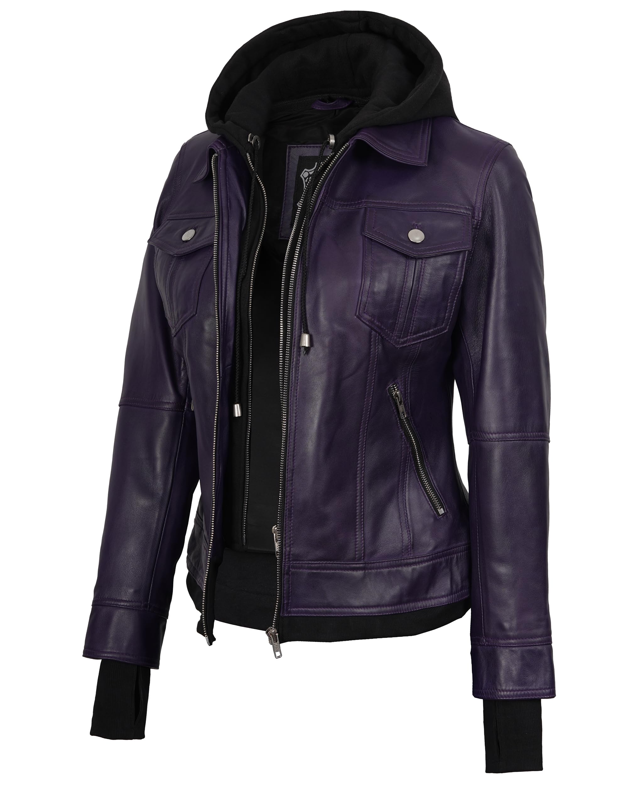 Blingsoul Womens Leather Jacket with Detachable Hood - Real Lambskin Bomber Jacket Thumbholes Women