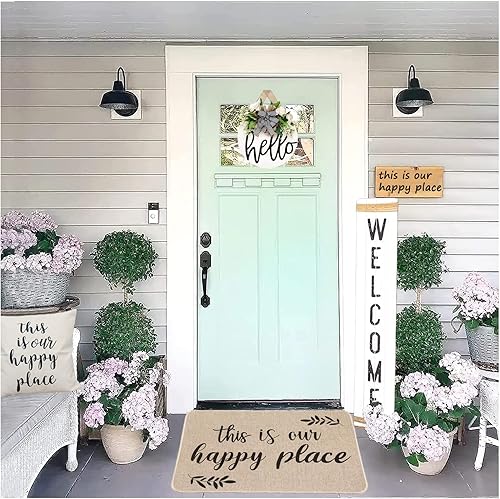 Miniatura 2 de Tapetes de bienvenida para puerta delantera, tapete de puerta con texto en inglés "This is Our Happy Place", tapete decorativo con cita para casa de