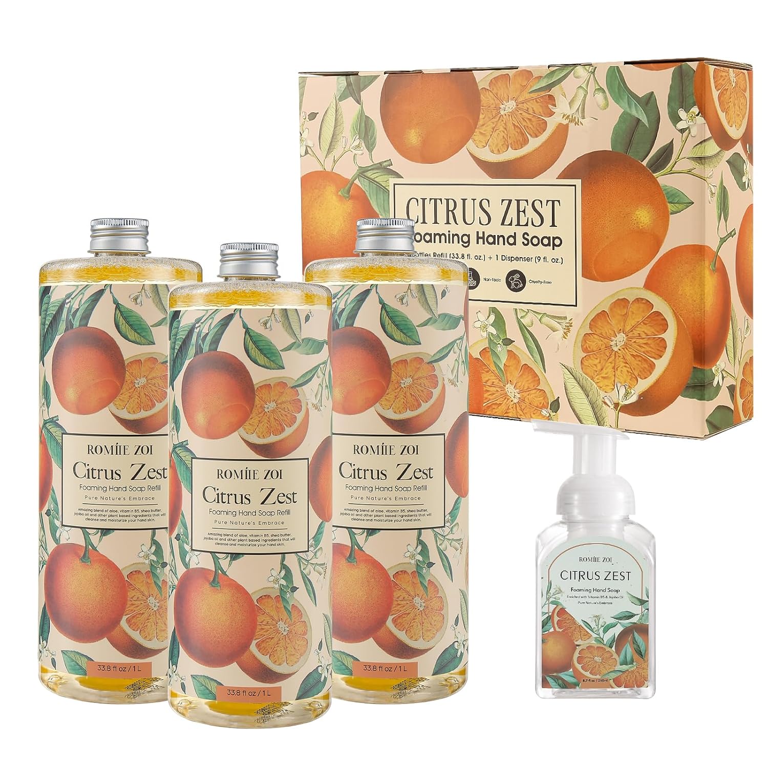 Citrus Zest Foaming Hand Soap Refill Gift Set – 3 Pack (33.8 Fl Oz Each) with Refillable Dispenser, Moisturizing, Biodegradable & Chemical-Free Formula for Kitchen, Bathroom, Sensitive Skin