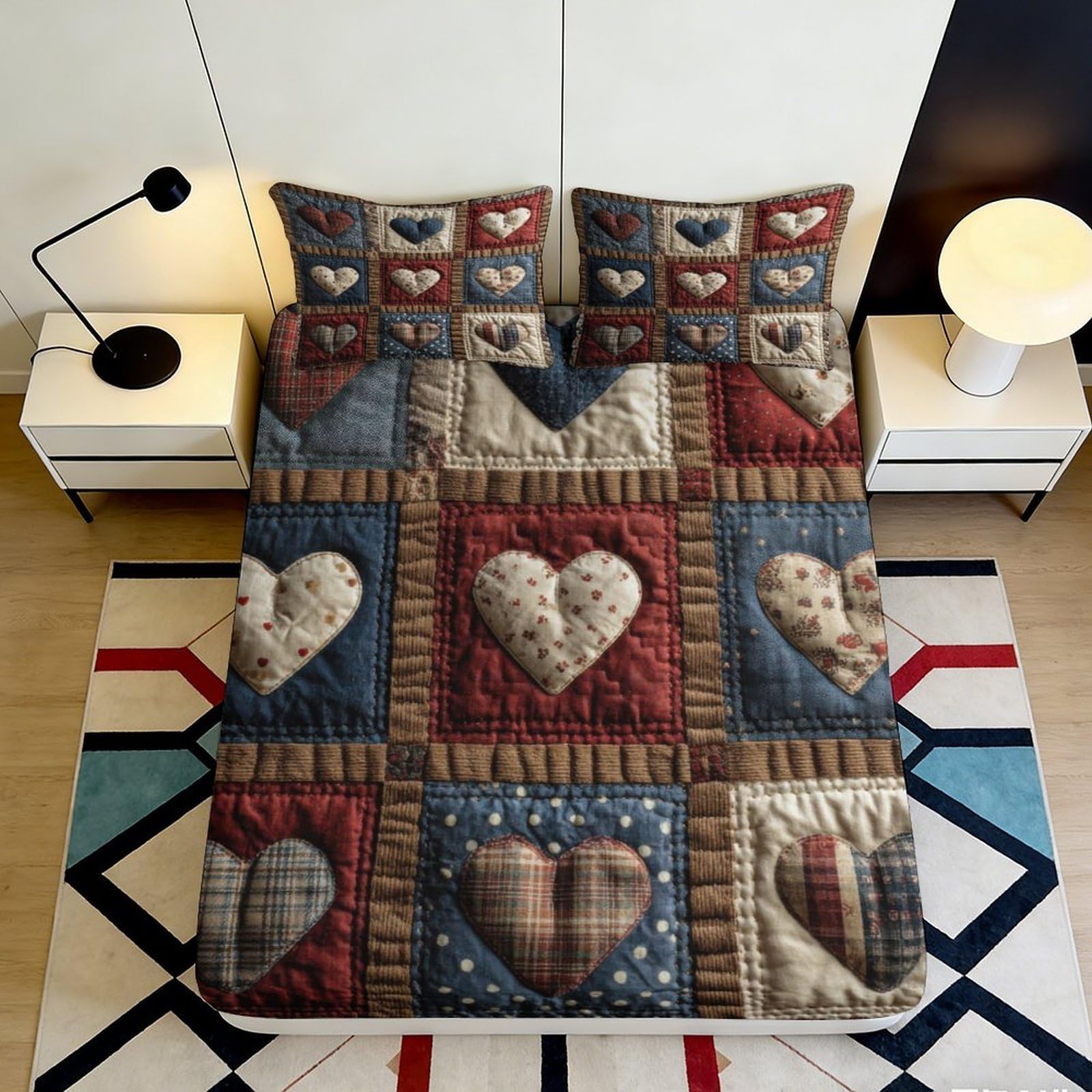 3D Printed Patchwork Heart Fitted Sheet Microfiber Soft Bed Cover for Bedroom Guest Room Machine Washable 90x200x25cm