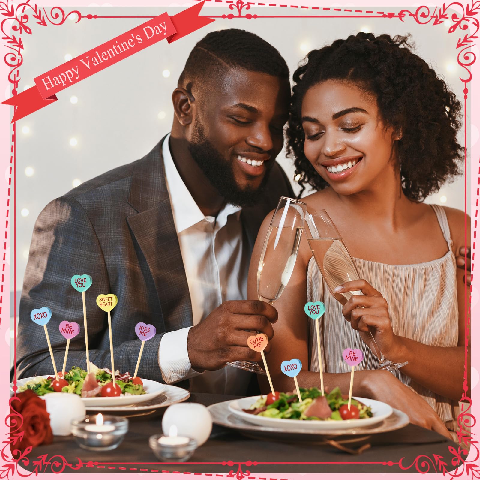 Maxcheck 600 palillos de cóctel para el día de San Valentín, 4.7 pulgadas, corazones surtidos, palillos de bambú para aperitivos, palitos de frutas para decoración de fiestas, 6 estilos (corazón)