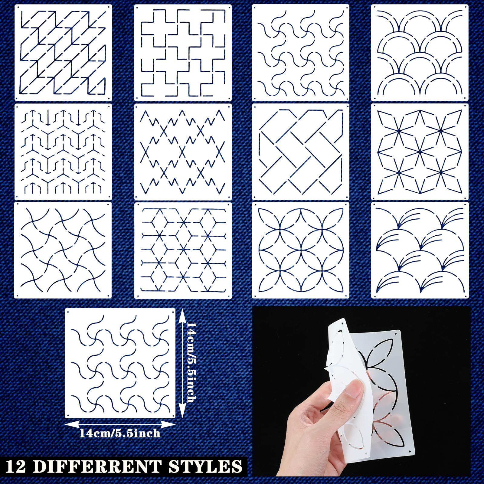 12Pcs Sashiko Stencils Sashiko Embroidery PET Template, Drawing Line Embroidery Pattern for Hand Quilting and Embroideryy, Plastic Sashikos Stencil Kit for Hand Quilting and Embroideryy 5.5 × 5.5''