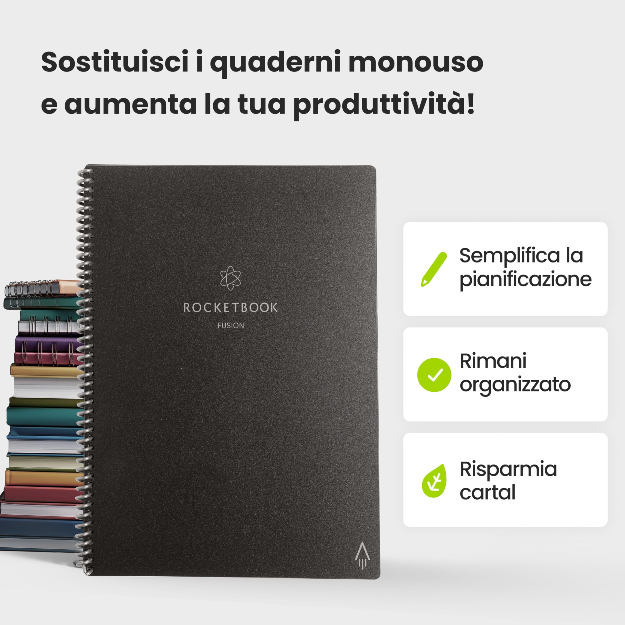 Rocketbook Fusion Planner Agenda Digitale Riutilizzabile, Formato Executive 15 cm x 22,4 cm, Nero - Obiettivi, Calendario Mensile e Settimanale, To-Do List Giornaliera, Pagine a Righe e Puntinate