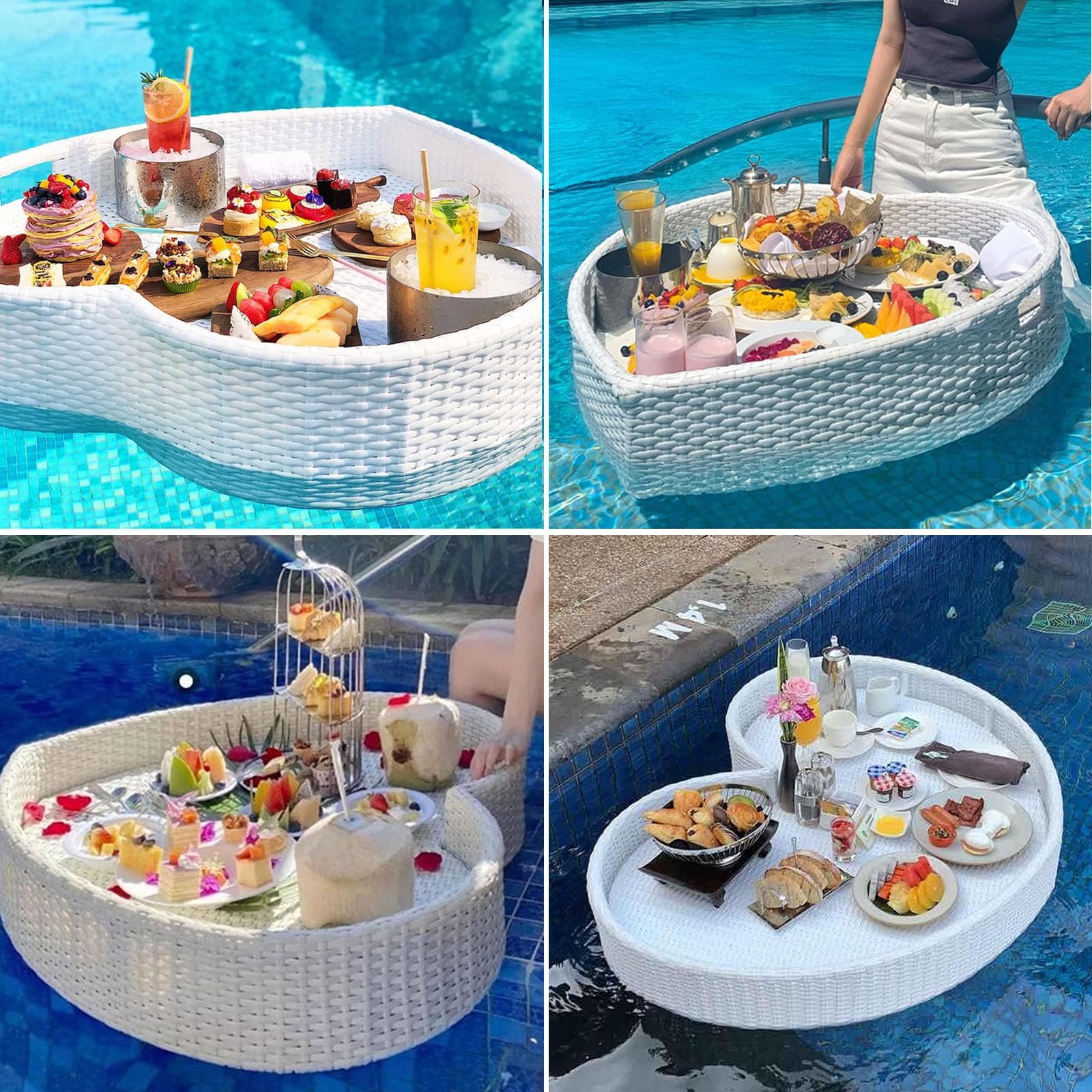 Rattan di Lusso Vassoio Galleggiante, Vassoio Galleggiante con Maniglia, Galleggianti per Piscina, Multiuso Vassoio da Pranzo in Vimini per Servizio in Piscina