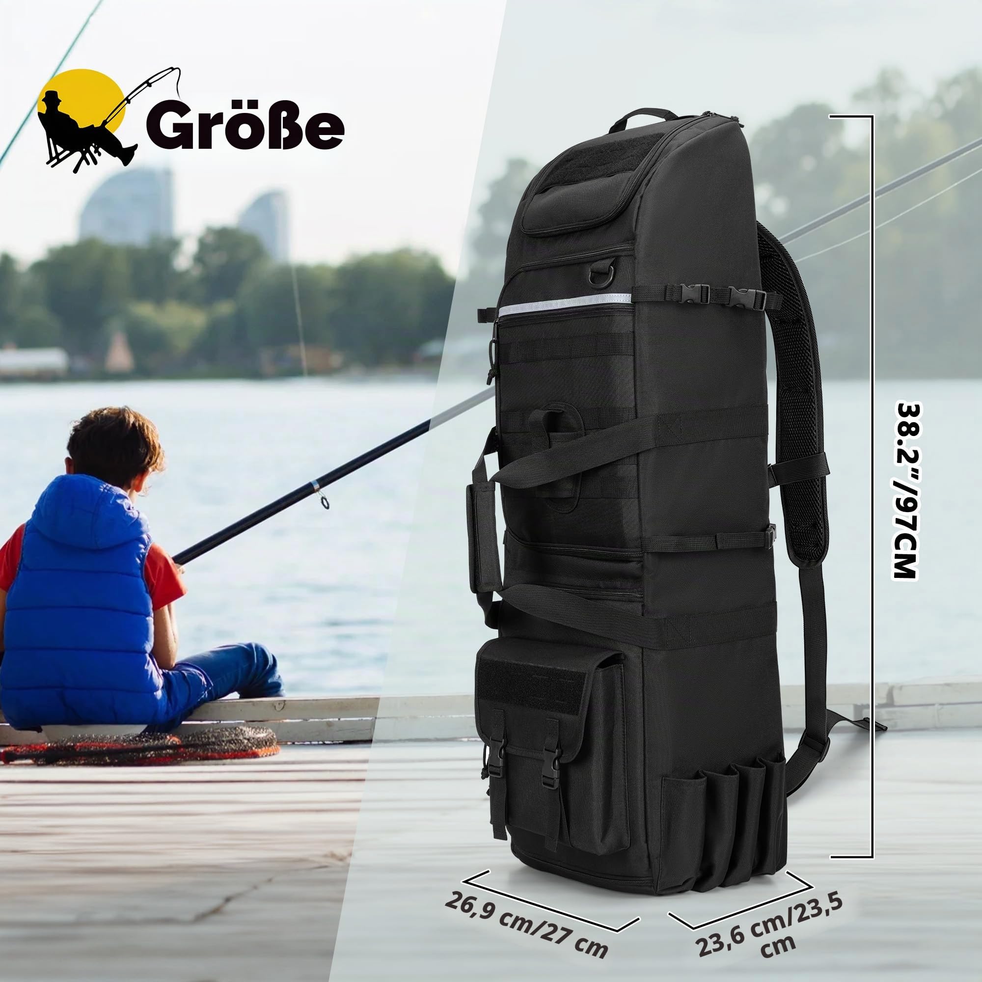 Rexmica Angelrucksack mit Rutenhaltern für 8 Outdoor-Angelrute, Schwarz | Angelrutentasche mit Fächern für Tackleboxen, Große Angelausrüstung Rucksack für Angeln Wandern Camping Trekking