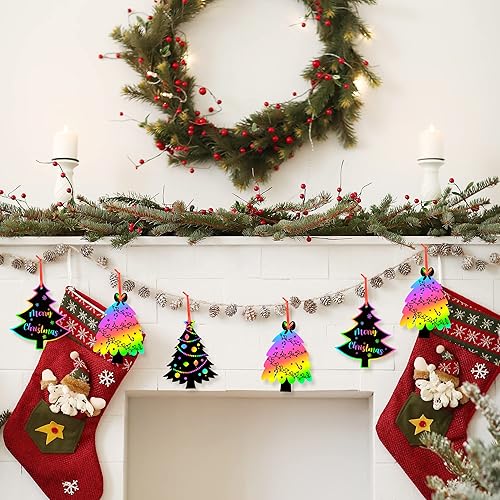 Miniatura 6 de WATINC 60 piezas de papel para rascar árbol de Navidad, adornos artísticos de bricolaje, arco iris, fiesta de Navidad, tarjetas para rascar,