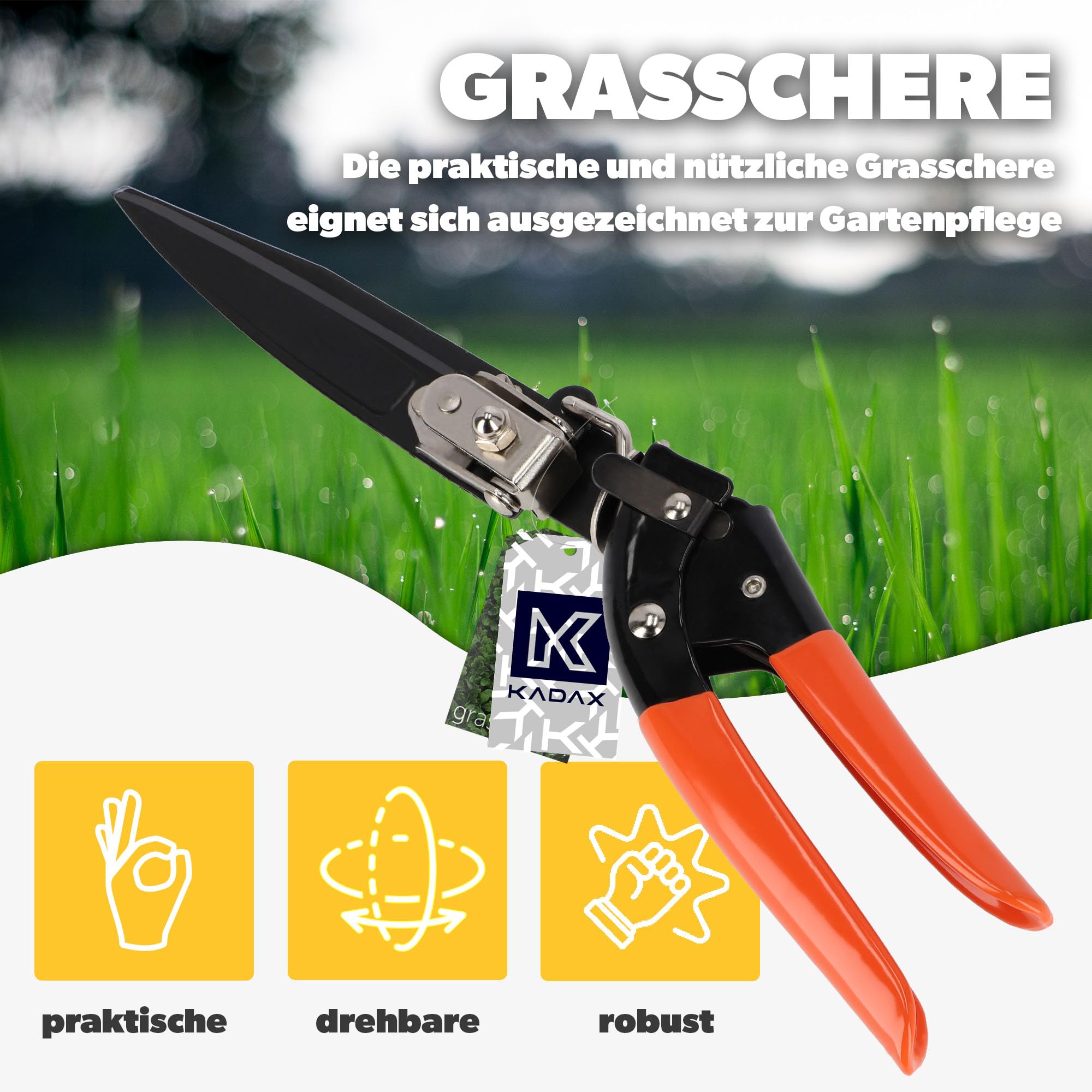 KADAX Grasschere, Rasenschere, Stahl-Klingen, Kunststoff-Griff, Länge: 33 cm, antihaftbeschichtet, drehbare Handgrasschere, hochwertige Schere, handliche Rasenkantenschere