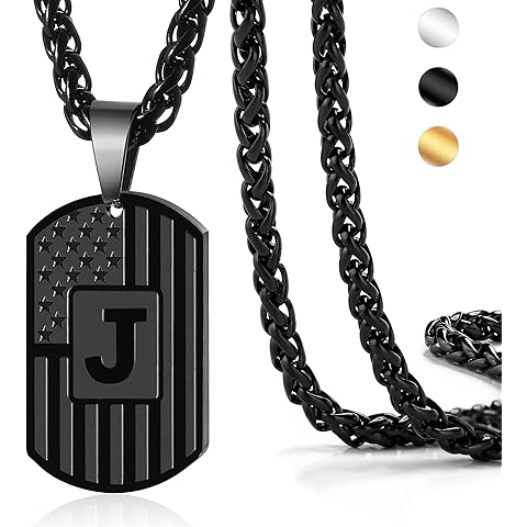 DuoDiner Stocking Stuffers Christmas Gift-Initial Necklace Gifts for Men Boys Kids,A-Z Capital Letter American Flag Dog Tag Necklaces 24 Inches Stainless Steel Mens Jewelry Gift