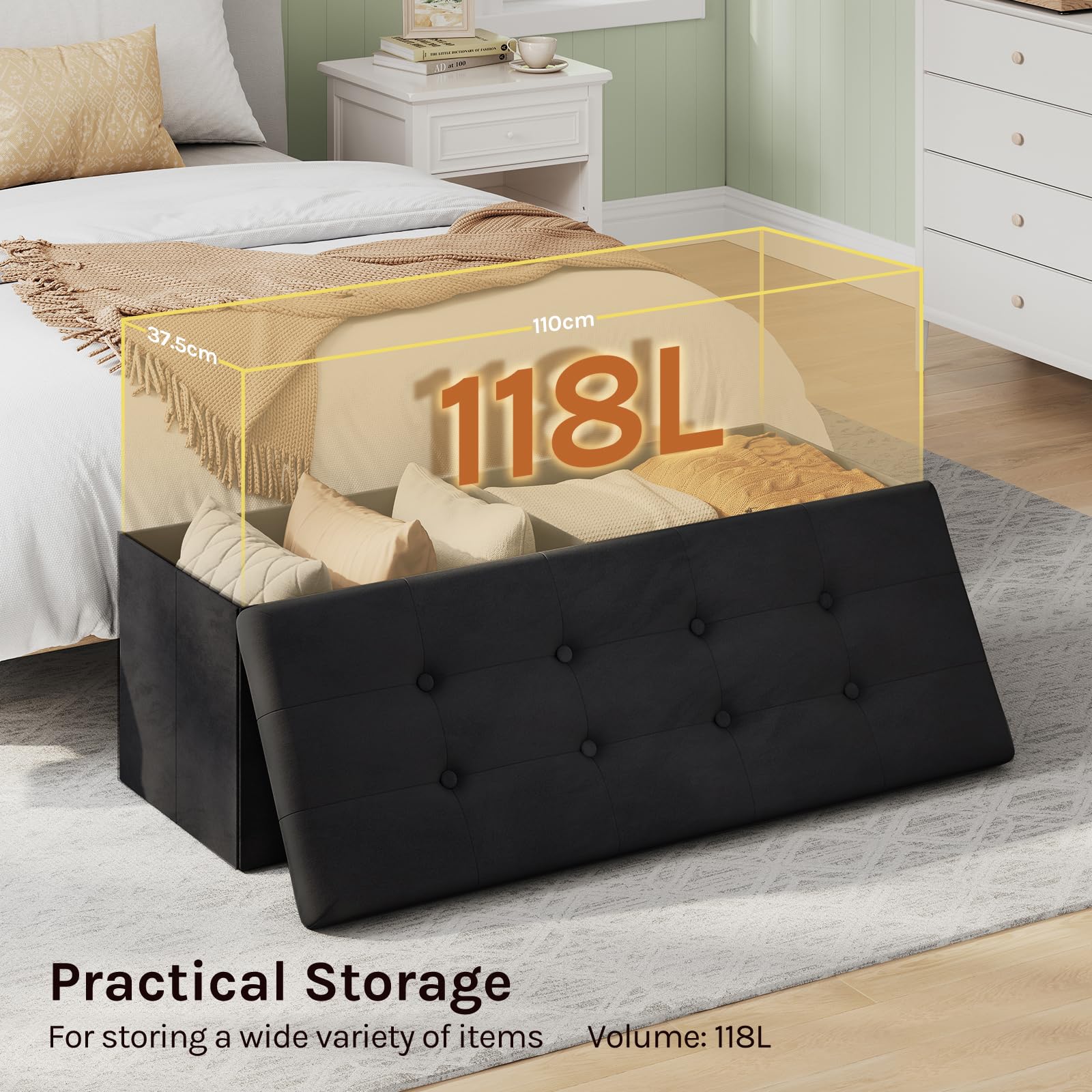 WOLTU Poggiapiedi Cassapanca Contenitore Scarpiera Pouf Sgabello Pieghevole Panca con Coperchio Sedia Bassa in Velluto Nero 110x37,5x38 cm