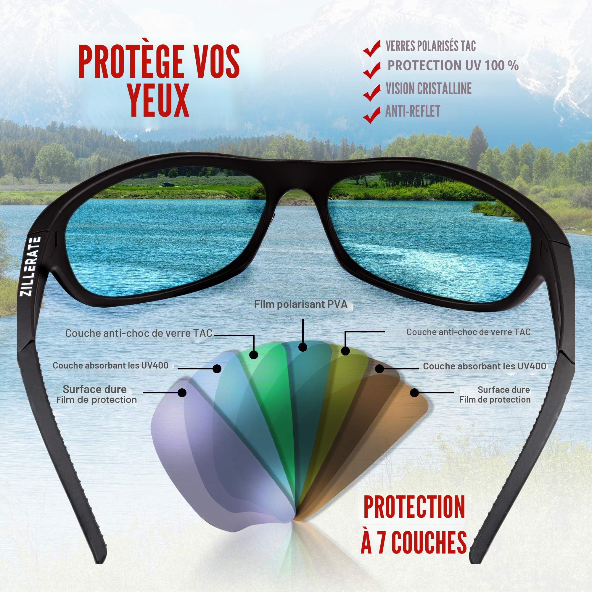 ZILLERATE Lunettes de Soleil Sport Polarisées Homme et Femme, Vélo, Golf, Ski, Pêche, Course À Pied, Conduite, Protection UV400, Monture Légère Confortable en TR90, Accessoires et Étui Rigide
