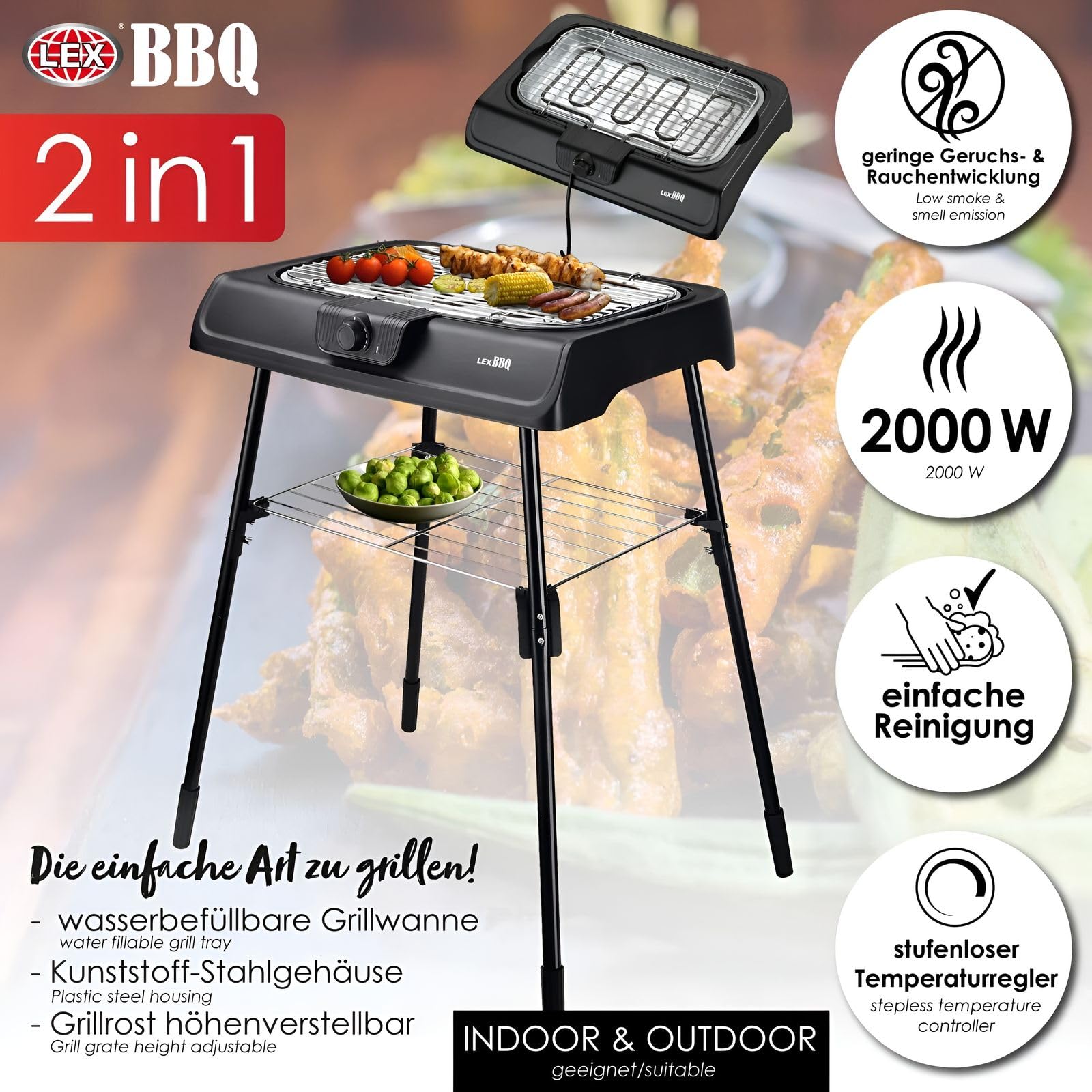 Barbecue électrique de table et barbecue sur pied 2000 W avec grille en acier inoxydable | Barbecue de balcon à faible dégagement de fumée | Barbecue électrique réglable en continu | Barbecue de
