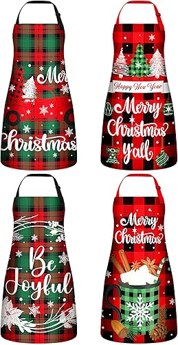 Miniatura 1 de Bencailor Paquete de 4 delantales de Navidad impermeables, delantales de cocina ajustables para mujeres, delantales divertidos con babero, delantal