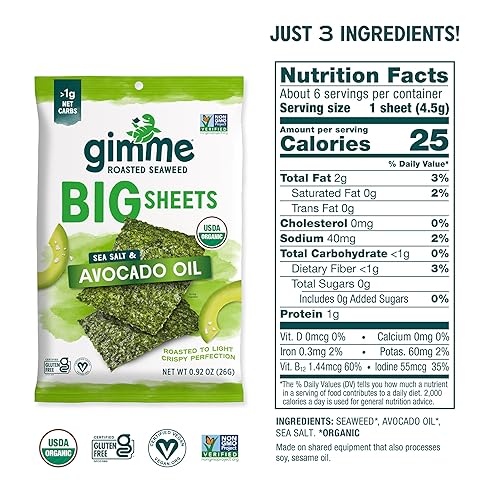 Miniatura 9 de Alimentos saludables, aperitivos de algas tostadas GimMe Organic, sal marina, lamina entera, 0.92 onza (Pack de 10)
