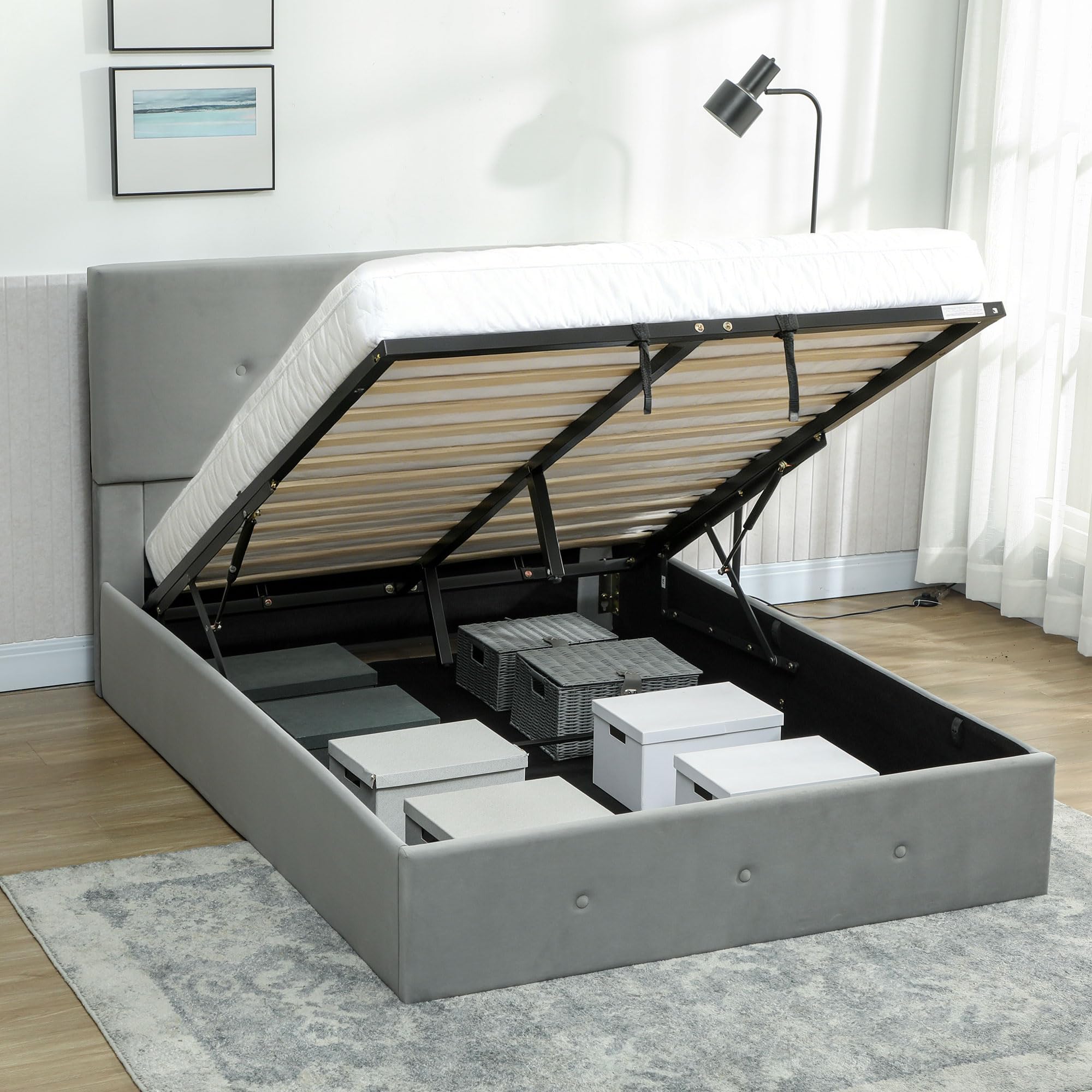 HOMCOM Cadre de lit Double 140x190cm avec Rangement Gris