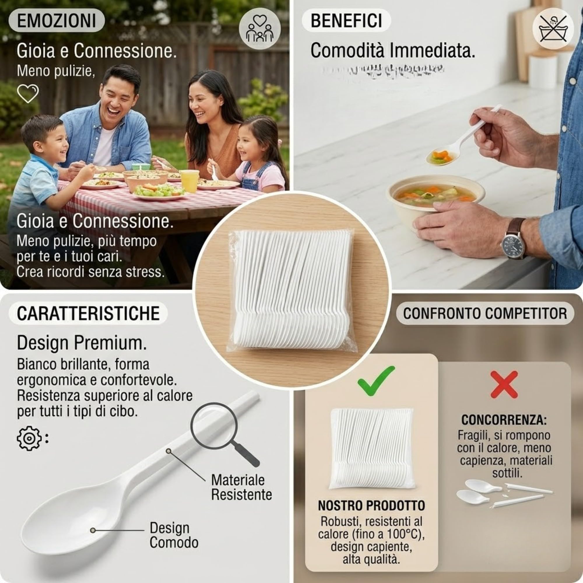 Cucchiai Riutilizzabili CPLA 16 cm Bianco, Posate Ecologiche Resistenti per Catering