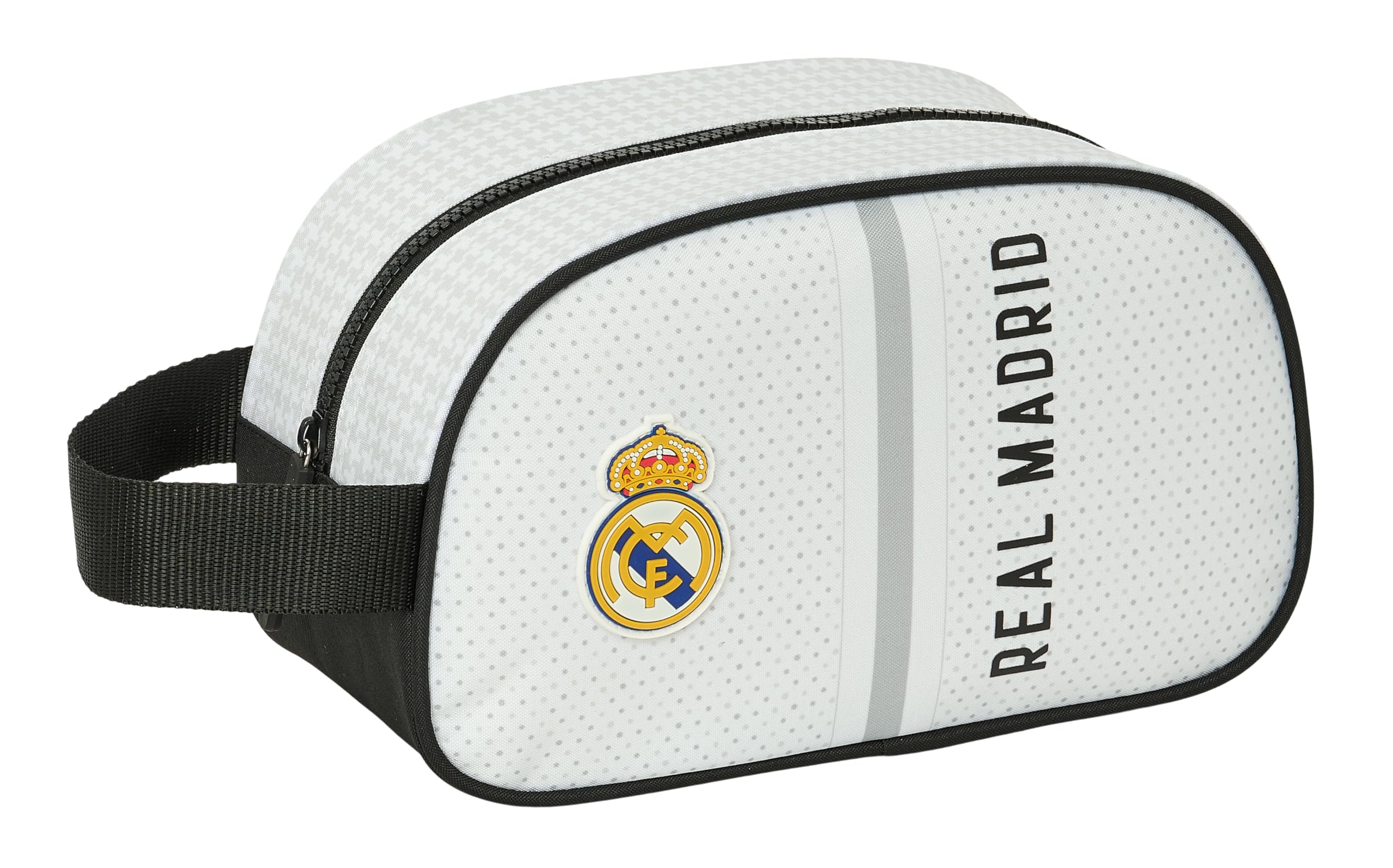Safta Real Madrid 1ª EQUIPACIÓN 24/25 - Neceser Escolar Infantil Mediano con Asa, Neceser Infantil, Adaptable a Carro, Fácil Limpieza, Cómodo y Versátil, 26x12x15 cm, Color Blanco/Gris