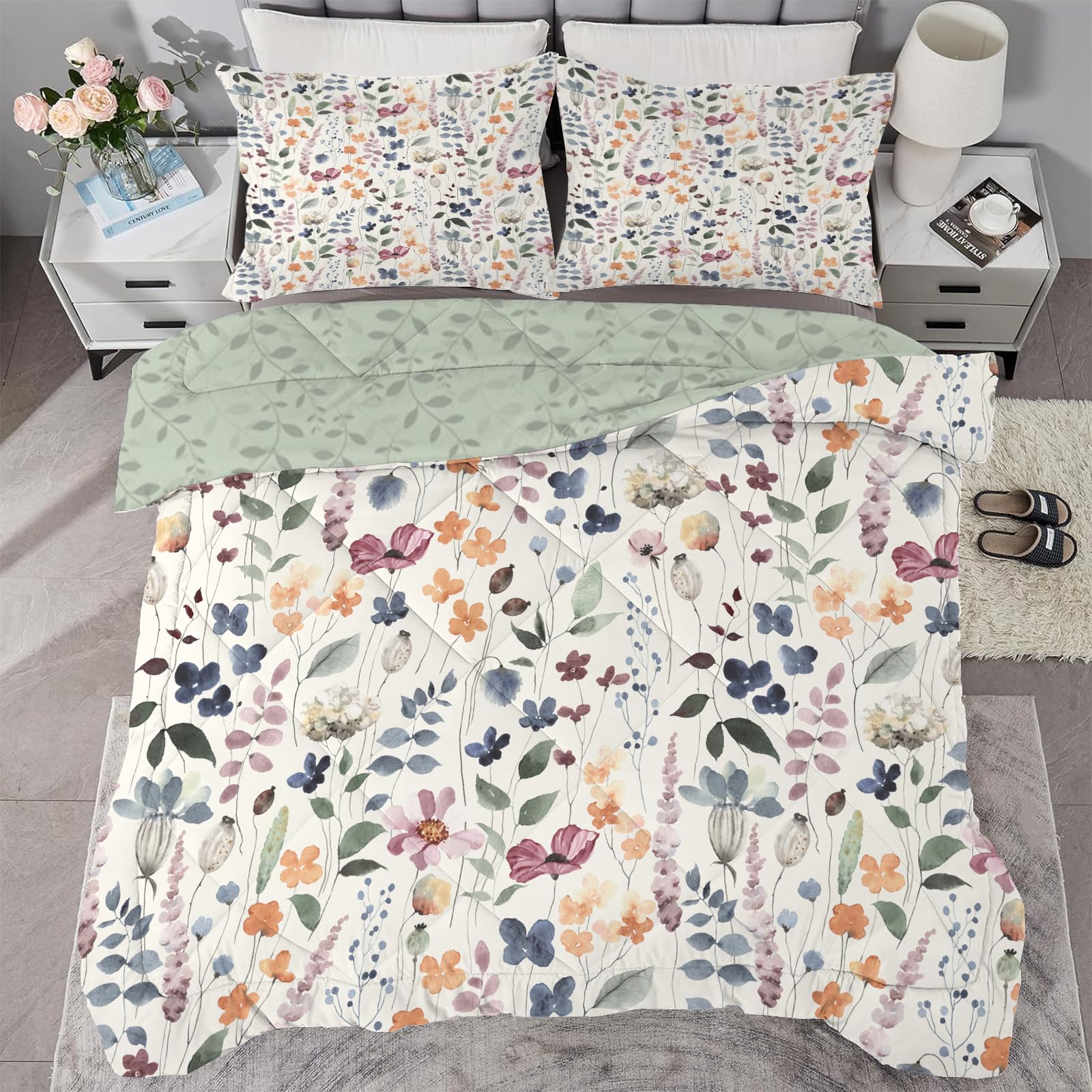 Bettdecke 135x200 4 Jahreszeiten, Beige Blume Vierjahreszeiten Steppdecke 135x200, Warme Ganzjahresdecke Salbeigrüne Pflanzen Bettdecke ohne Bezug Waschbar Schlafdecke mit 2 Kissenbezug 80x80cm