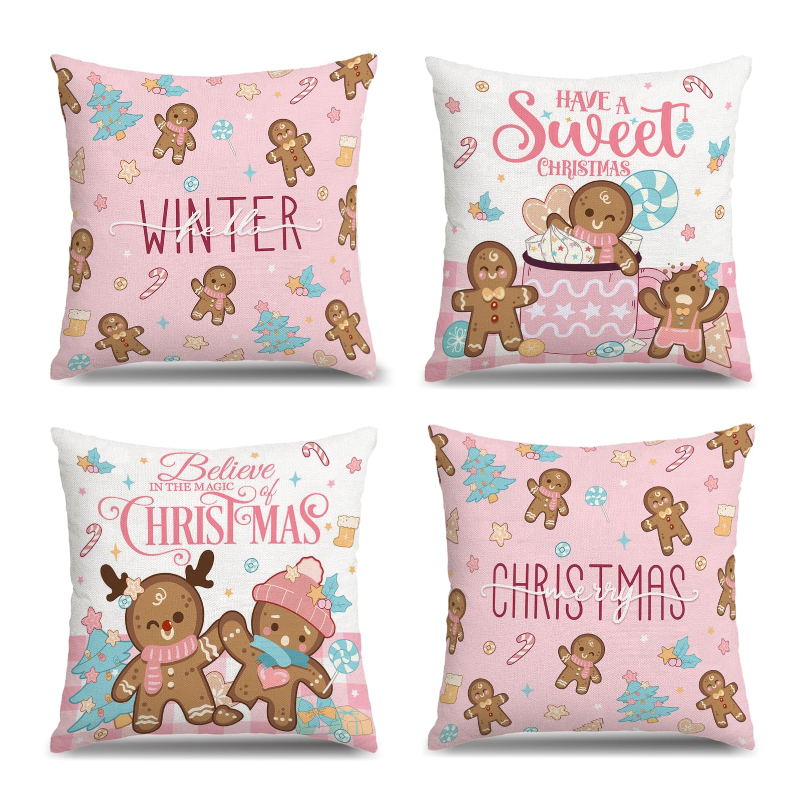Housses de coussin de Noël bonhomme en pain d'épices rose 45x45 cm lot de 4