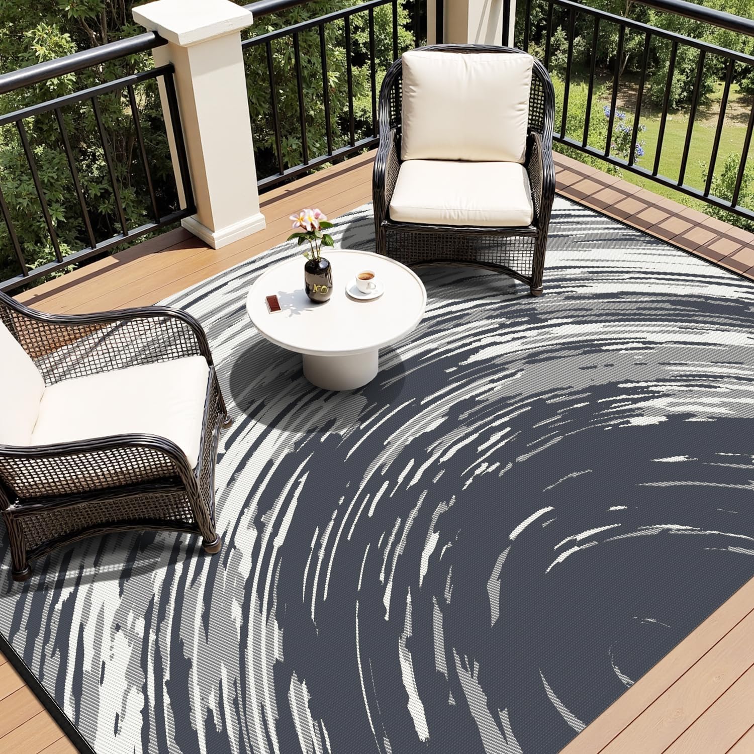 COCOER Modern Outdoor Rug 5x8 Reversible-Waterproof Outdoor Patio Rug-Quick Dry Outdoor Area Rugs Indoor Outdoor Rugs-Outside Rug Patio Decor for Porch Deck Balcony Backyard Black 5X8 ft