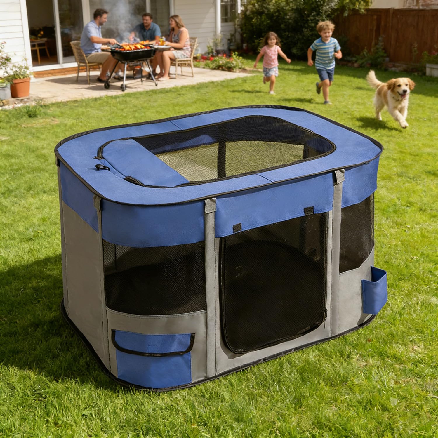 Niche Portable pour Animaux domestiques,90 x 70 x 60 cm, Pliable, Rectangulaire, Niche pour Chat,Niche fermée (Bleu Marine)