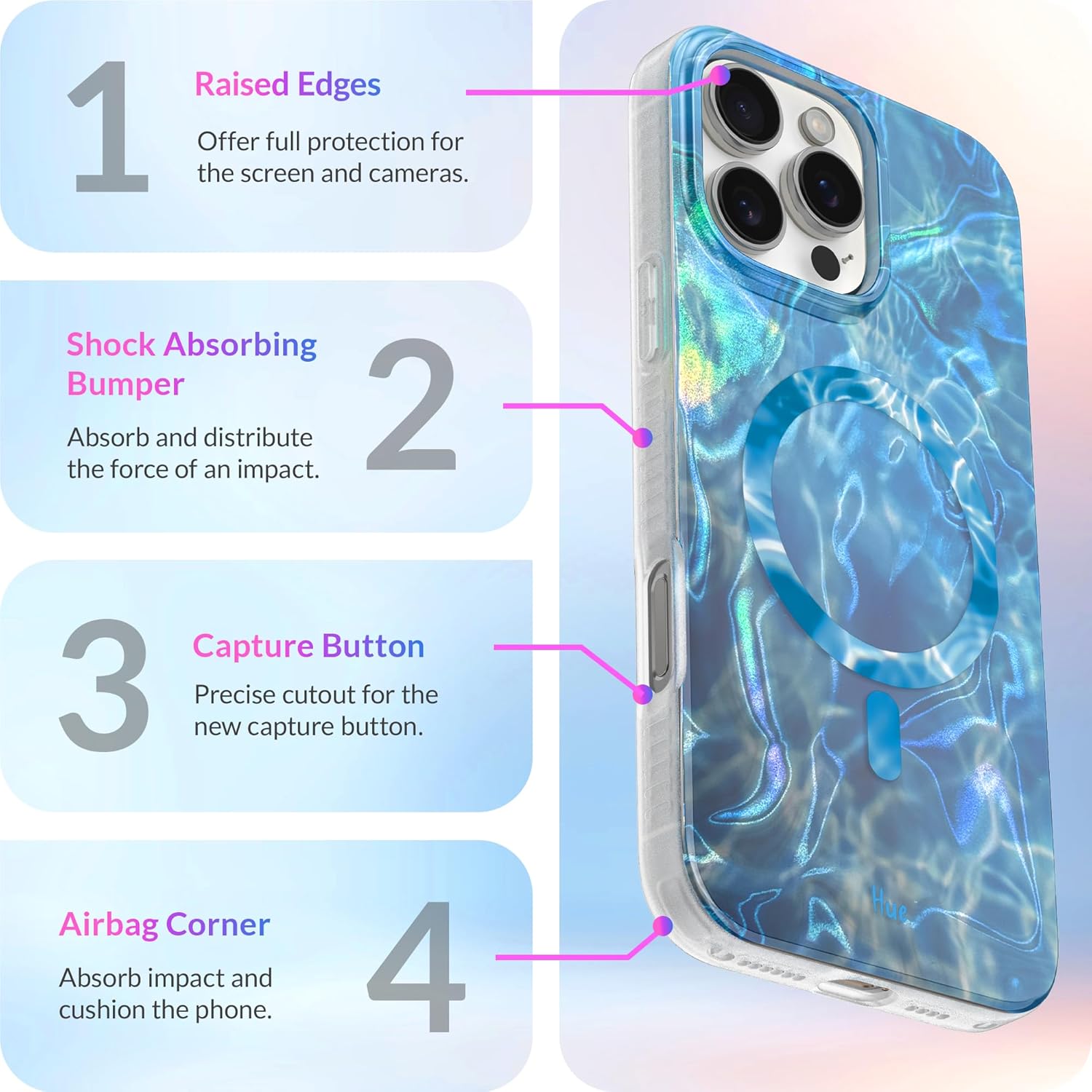 LONLI Hue - Magnetic Case for iPhone 16 Pro - [Compatible with Magsafe] - [360° Shock-Absorbent Bumper] - [Cute and Unique Phone Cover for Girls and Women] - Ocean Wave