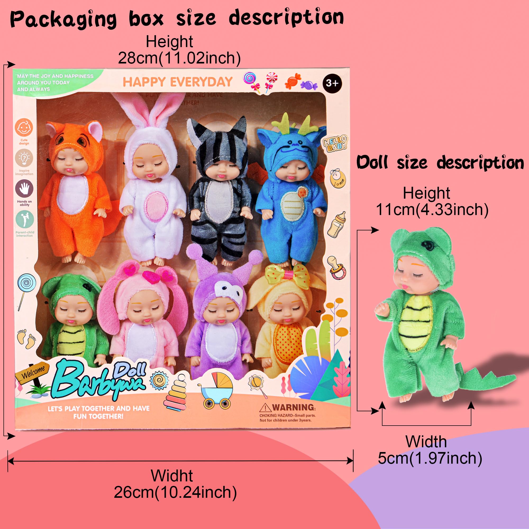8 Pack Mini Baby Dolls - 4 inch Animal Theme Lifelike Sleeping Baby Dolls for Girls 3-6, 6-12 Educational Toys & Decorative Figures - Image 2
