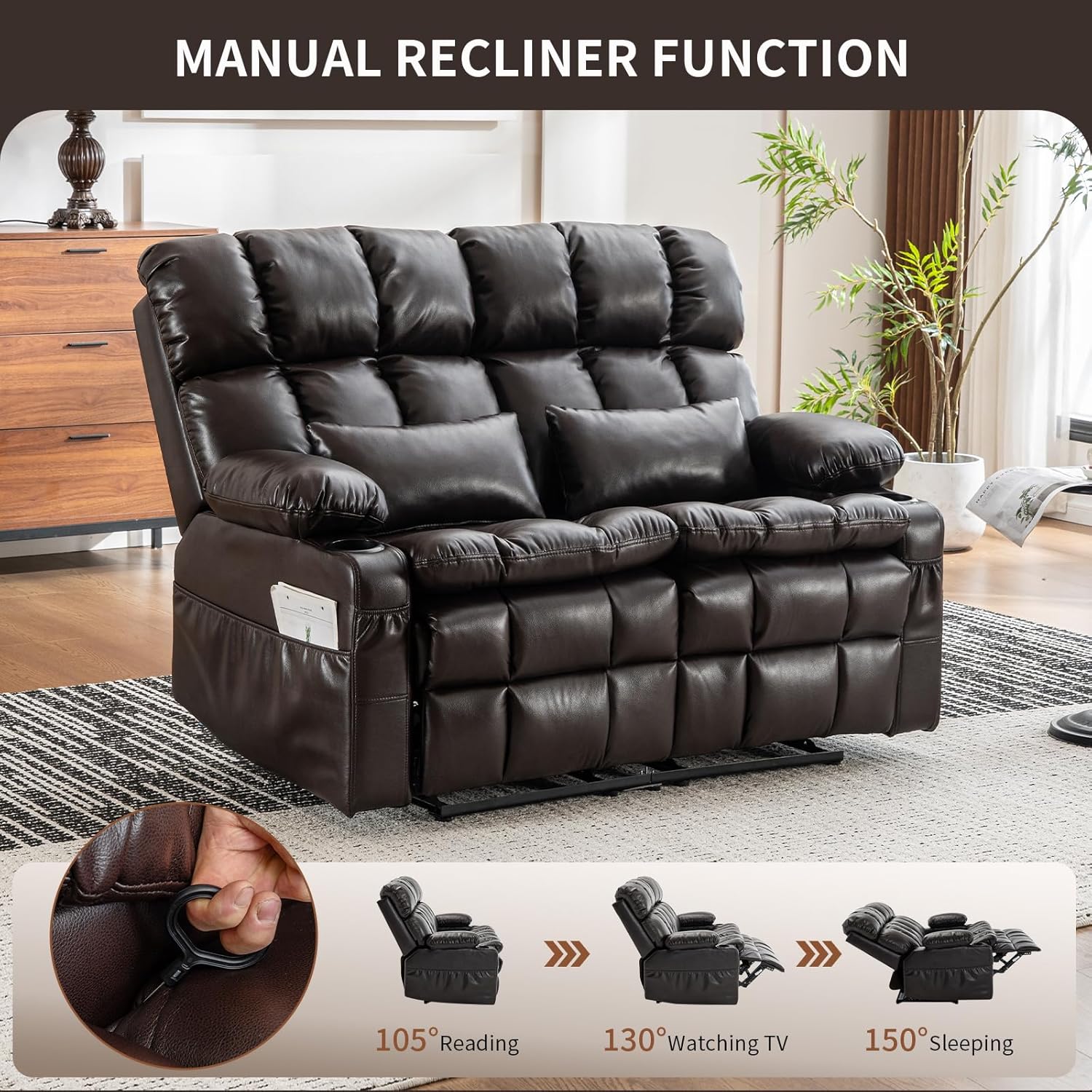 RV Loveseat Sofa with Massage & Heat,Wall Hugger Reclining Loveseat Recliner RV Couch with Cup Holders, Home Theater Seating with Front Porckets&Side Pockets, 2 Pillows, Faux Leather Brown
