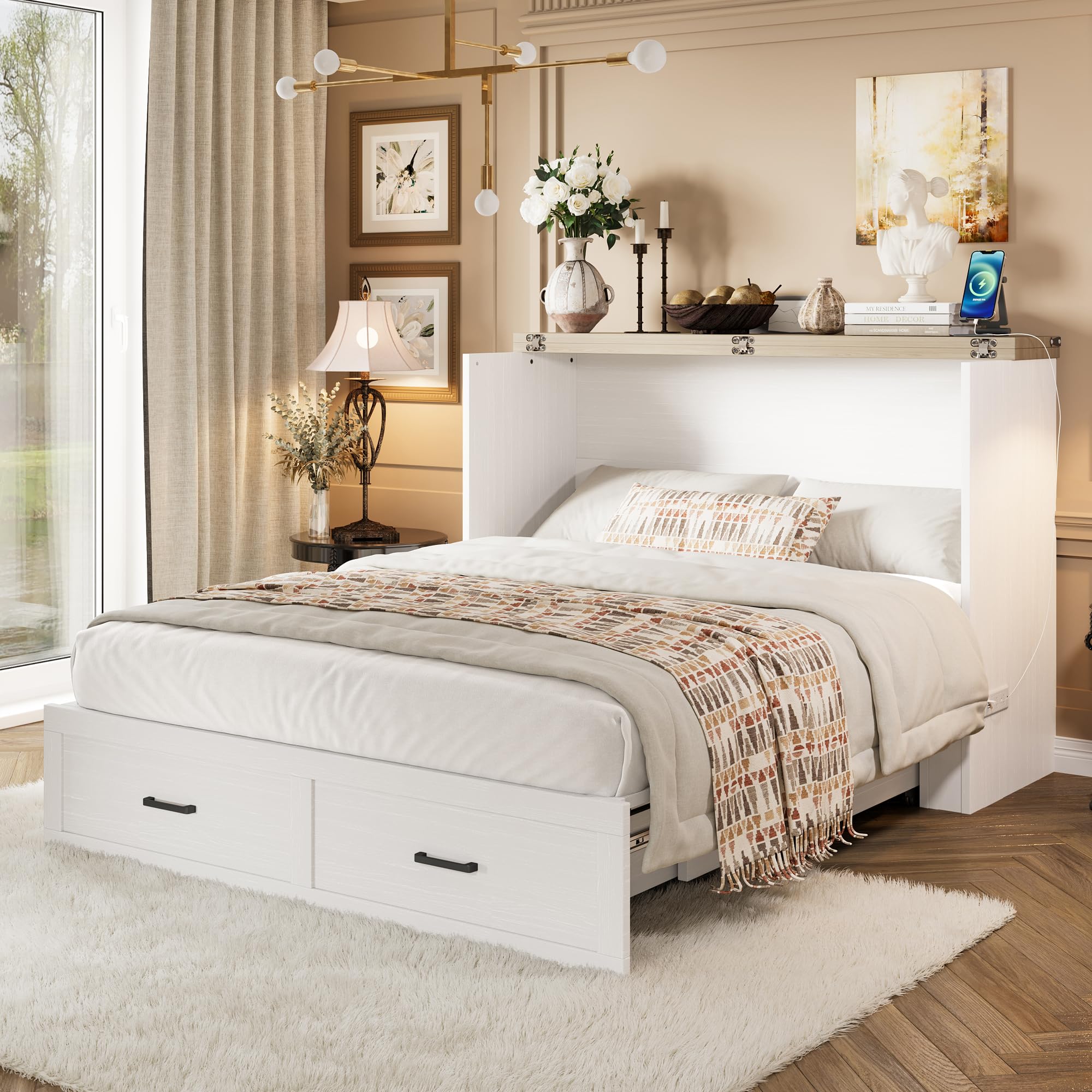 Ball & Cast Murphy Bed Queen Size,Hideaway Wall Cabinet Bed with Charging Station and 1 Large Storage Drawer,Multi-Functional Foldable Platform Beds