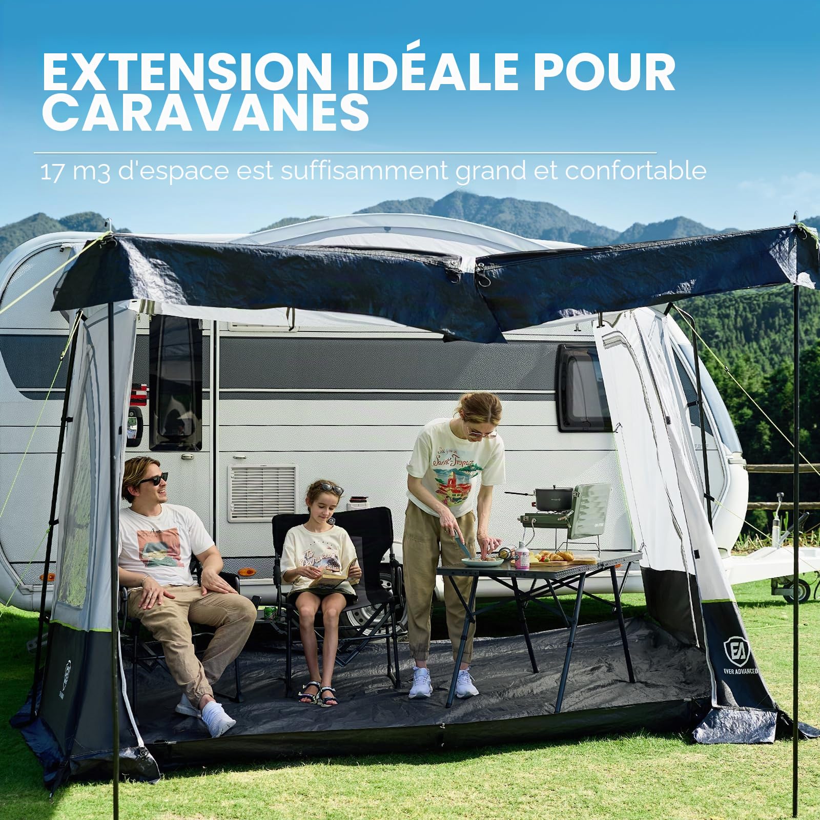 EVER ADVANCED Auvent de caravane 350 x 260 x 245 cm pour camping-car avec 2 fenêtres, porte latérale, grande porte comme toit, auvent de voyage en polyuréthane 3000 mm imperméable pour les voyages, la