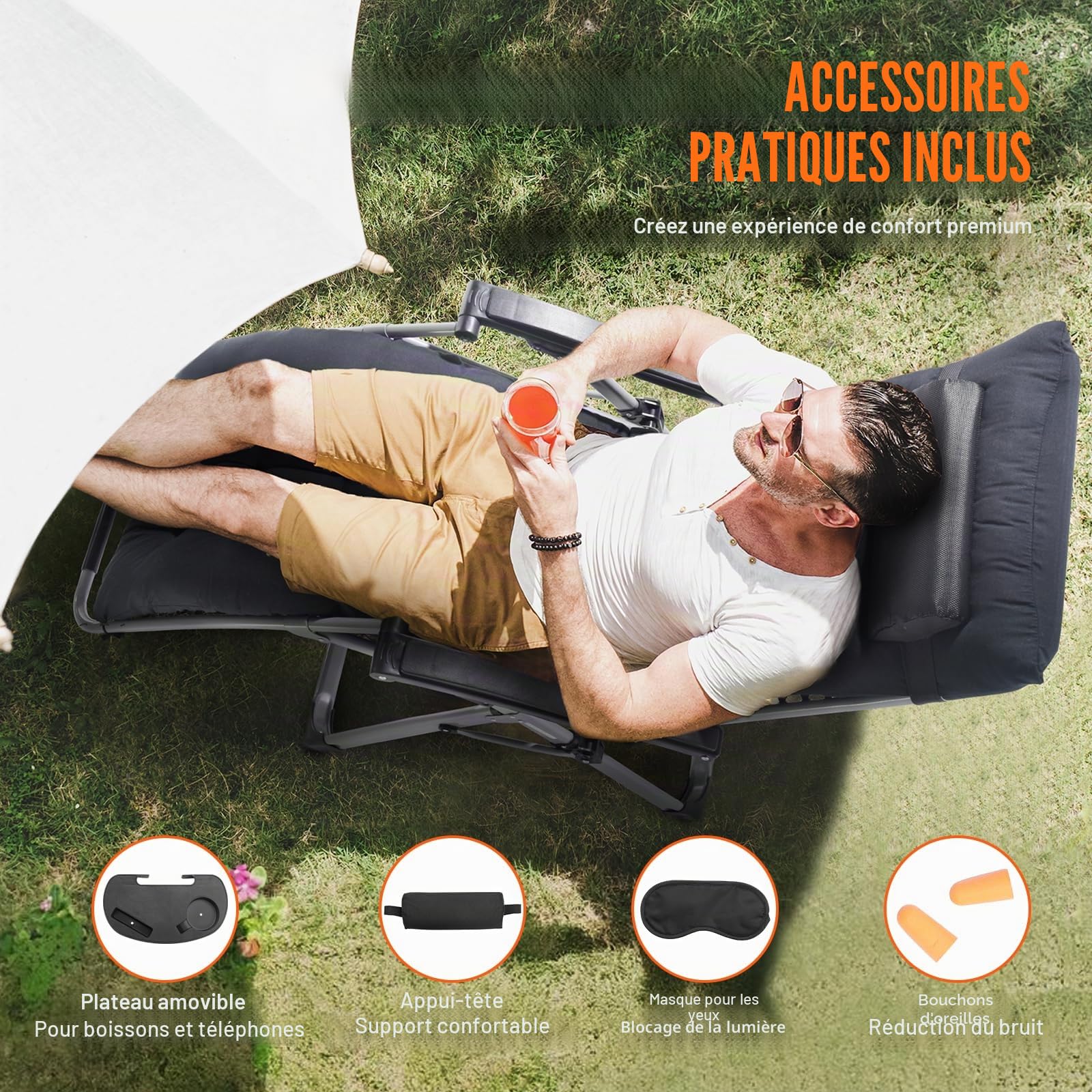 VEVOR Fauteuil Inclinable Zéro Gravité, 645 mm, Transat Relax Jardin pour Intérieur Extérieur, Chaise Longue Anti-gravité Réglable avec Coussin, Appui-tête, Repose-pieds, Porte-gobelet, 226,8 kg, Noir