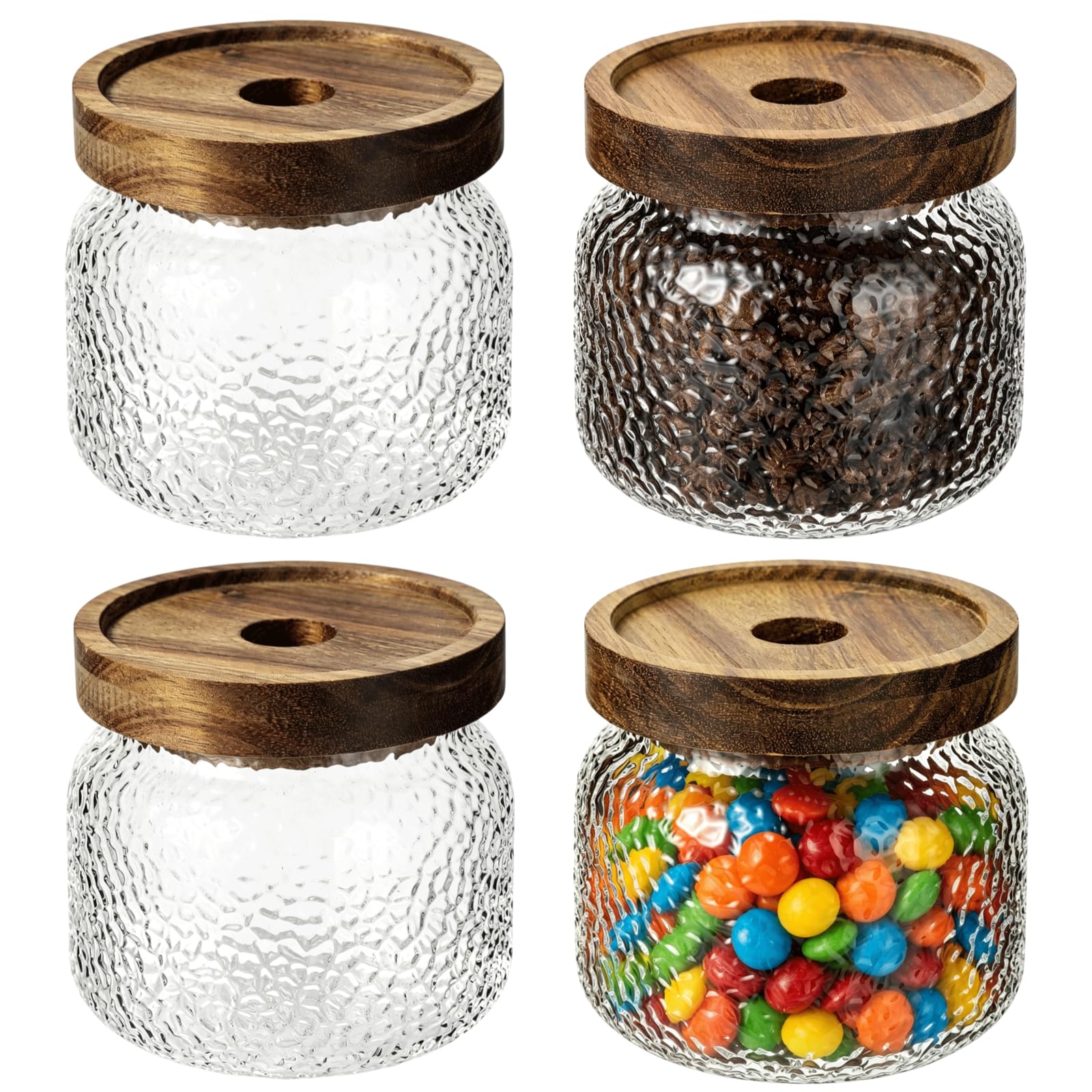 4 Stk. Vorratsgläser aus gehärtetem Glas mit Holzdeckel, 10 Fl Oz je Glas, luftdicht, gehämmerte Struktur, transparent, für Kaffee, Tee, Gewürze, Getreide, Küche, Wohndekoration