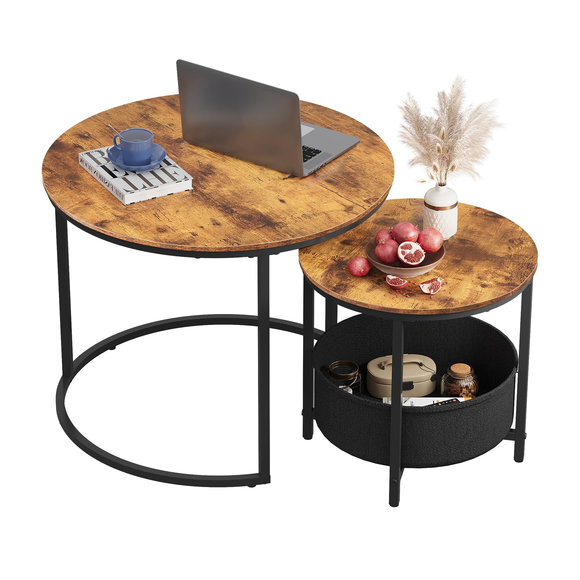 WLIVE Couchtisch 2er Set, Beistelltisch Rund mit Stauraum, Wohnzimmertisch Holz mit Metallrahmen, Sofatisch für Wohnzimmer Schlafzimmer