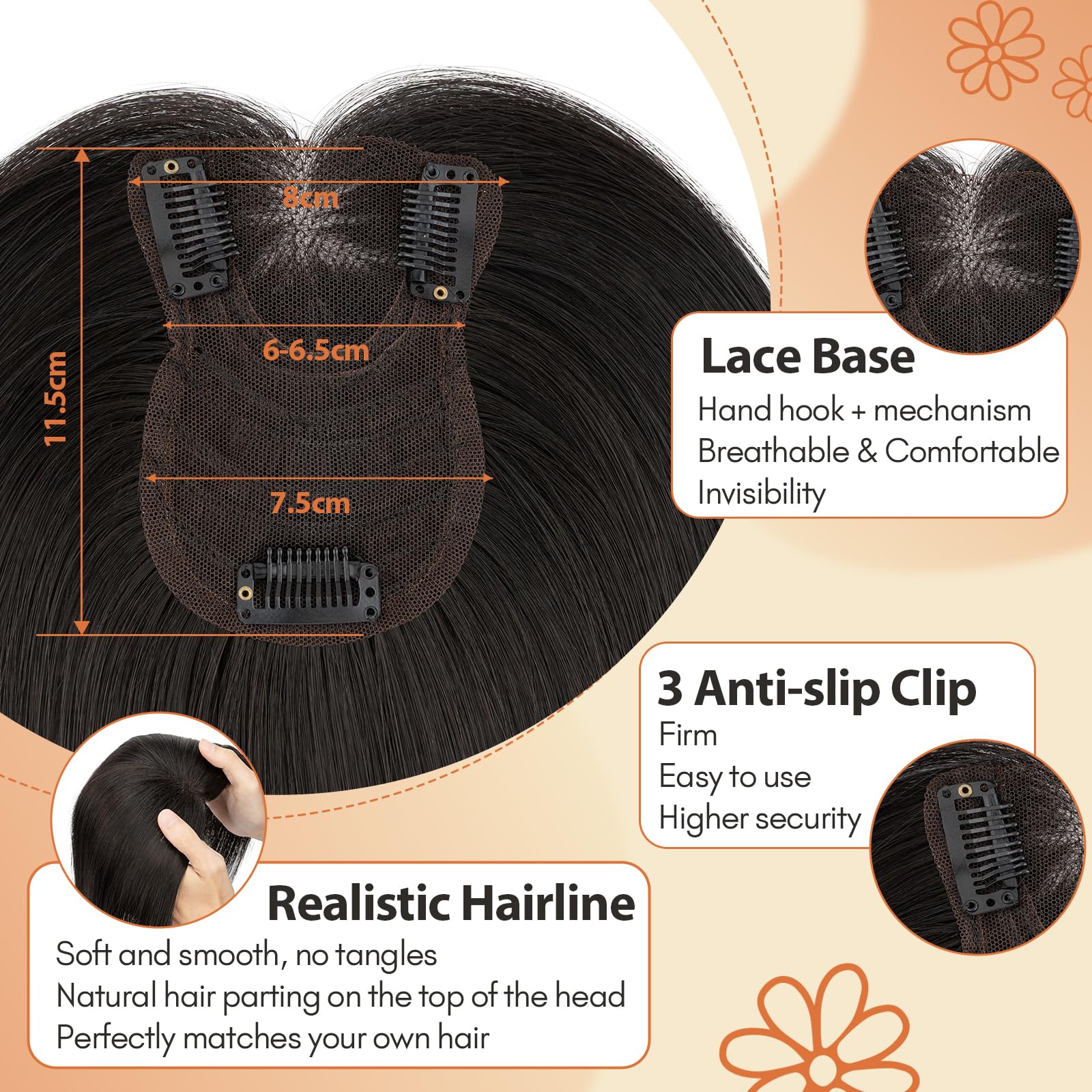 S-noilite Cheveux Topper avec Frange, 35g Sans Frange Cheveux Naturels Topper, Clip in Chevelure Humains pour Femmes, 3 Clips Invisible Chevelure Humains avec Base en Dentelle, 30CM Noir Naturel #1B