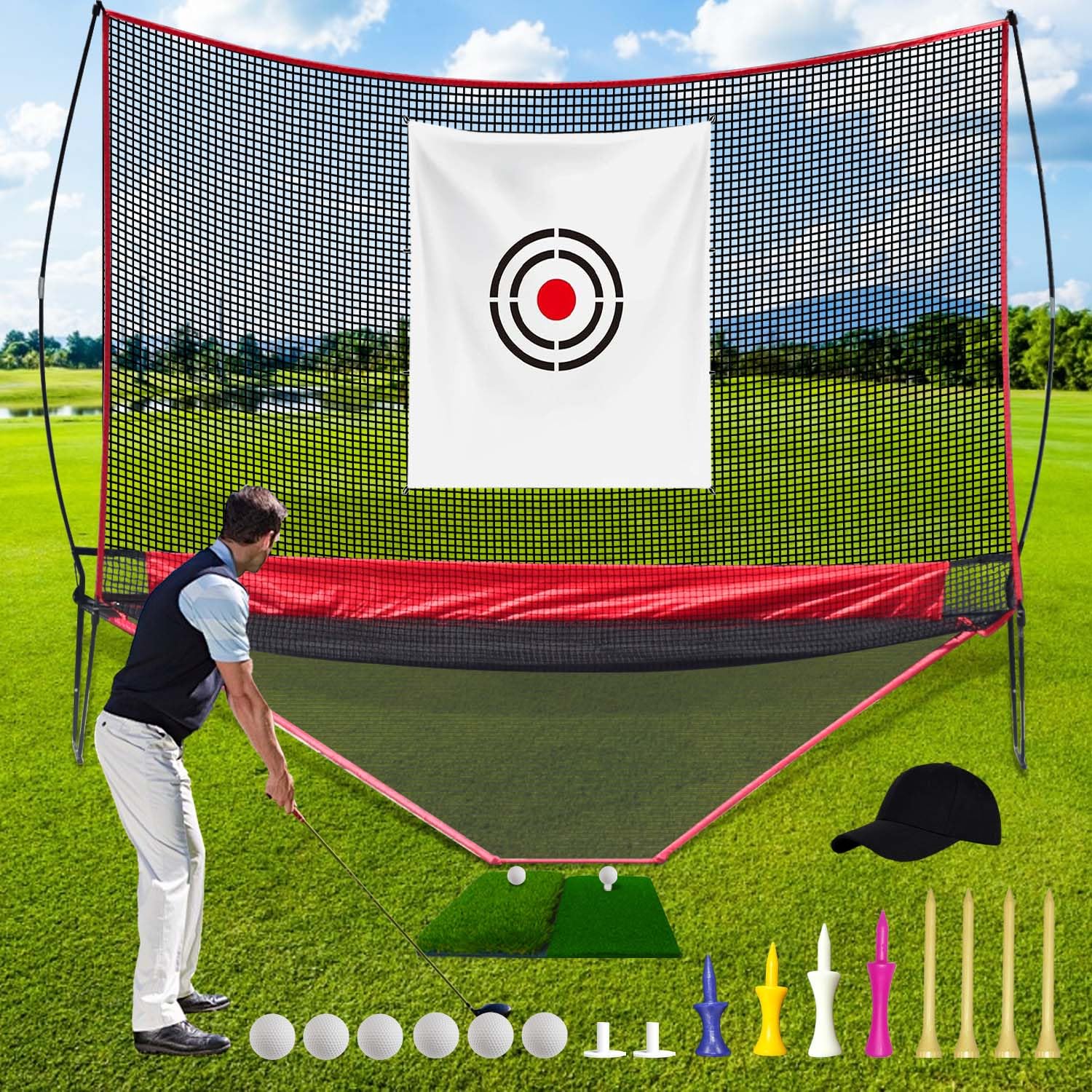 Golf Hitting Practice Nets and Turf Mat Tees for Backyard Driving Gift for Mens Real Indoor Golf Lovers Balls Hitting Driving Nets for Indoor Outdoor Garage Use Golfing Swing Training Impact Net