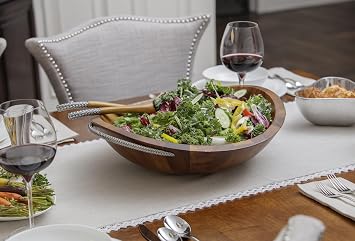 nambe Braid Salad Bowl with Servers | 3-Piece Set | Large Wooden Serving Bowl for Caesar Salad, Large Salads | Big Salad Bowl with Serving Utensils | Made of Chrome & Acacia Wood (20 L x 16 W)