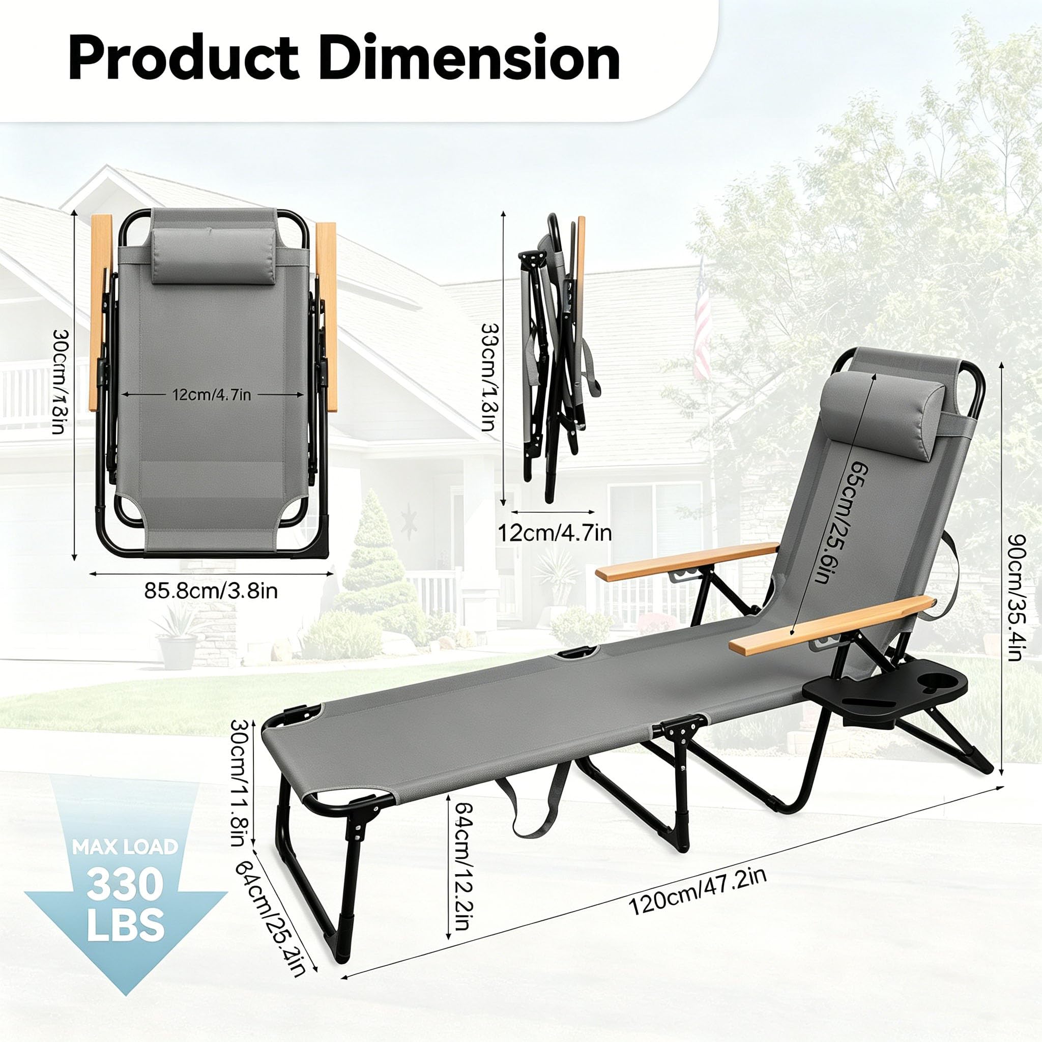 Sonnenliege Klappbar Wetterfest, 4-Fach Verstellbarer, Garten Liege mit Kopfkissen, Getränkehalter und Holzarmlehnen, Strandliege Klappbar Robust, für Garten, Terrasse, Pool (Grau)