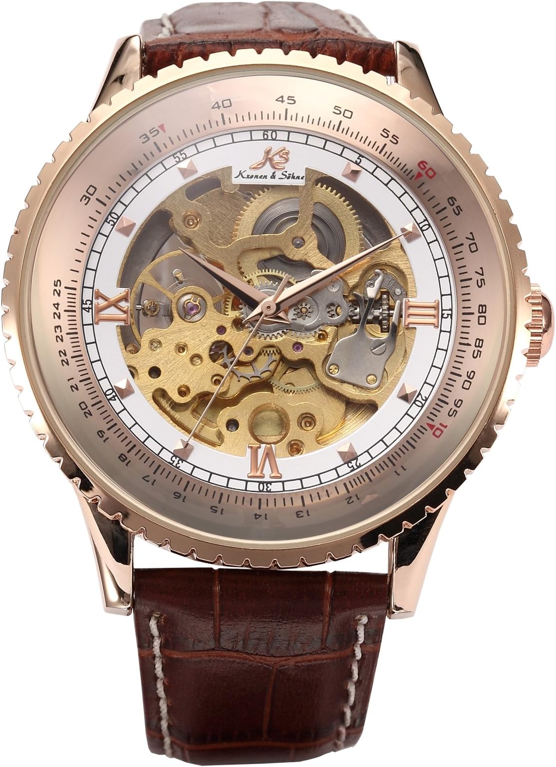 Kronen Soehne Genuine Leather Brown Round Man Mens Analog Mechanical Automatic Wrist Watch