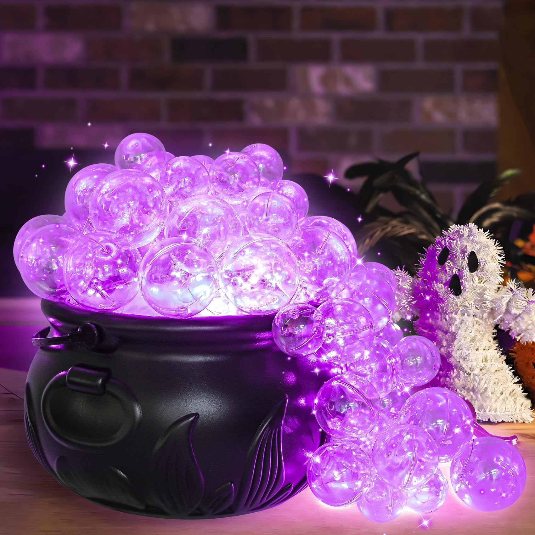 Halloween Decorations Indoor - DIY Bubbling Cauldron Set with 40 Pcs Clear Balls, Black Plastic Bowl with 32ft Light Hocus Pocus Party Decoration, Spooky Vintage Table Decor for Home, Kitchen, Room