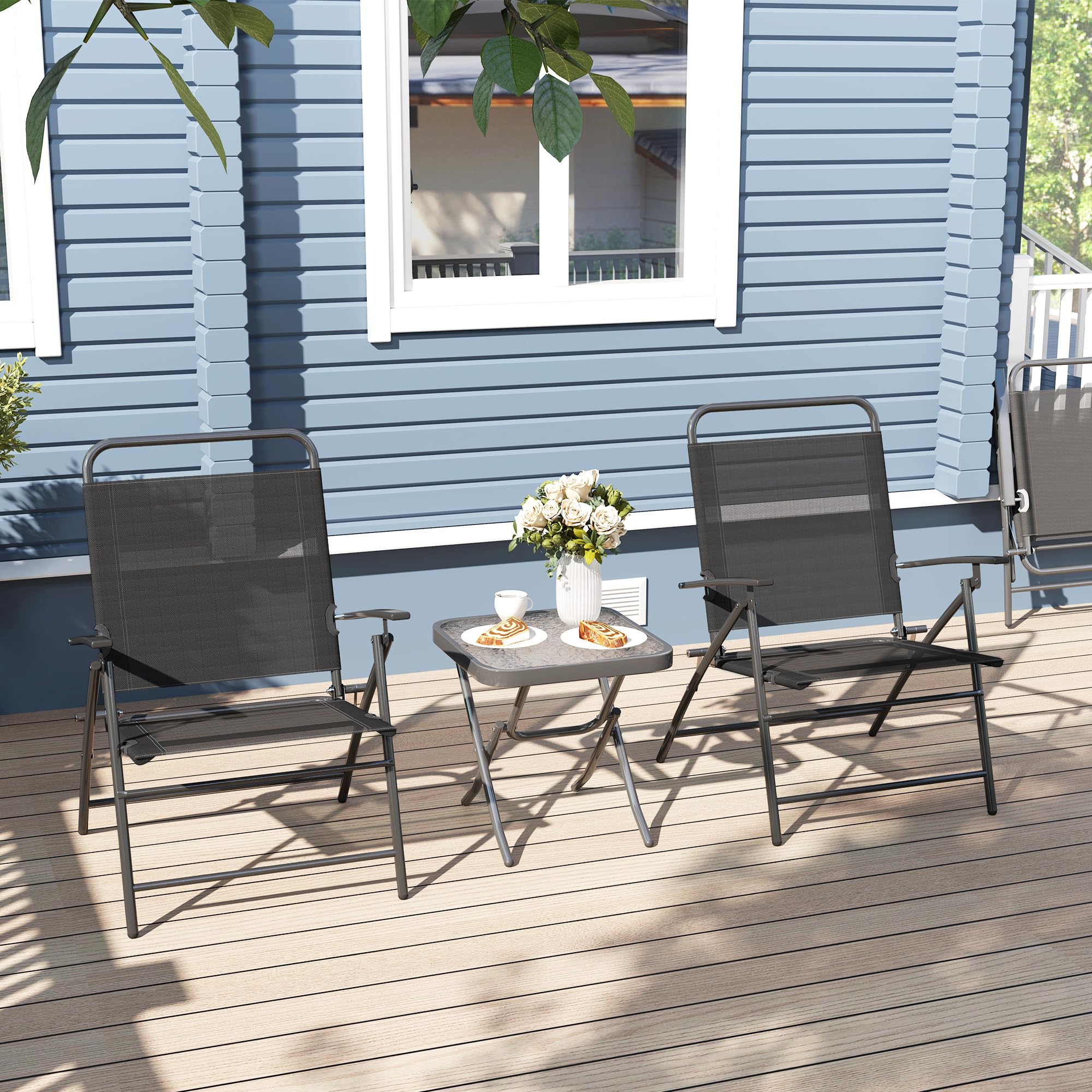 Outsunny Conjunto de Mesa y Sillas de Terraza Exterior de 3 Piezas Muebles de Jardín Exterior Plegables con Respaldo Regulable Tablero de Vidrio y Estructura de Acero Negro