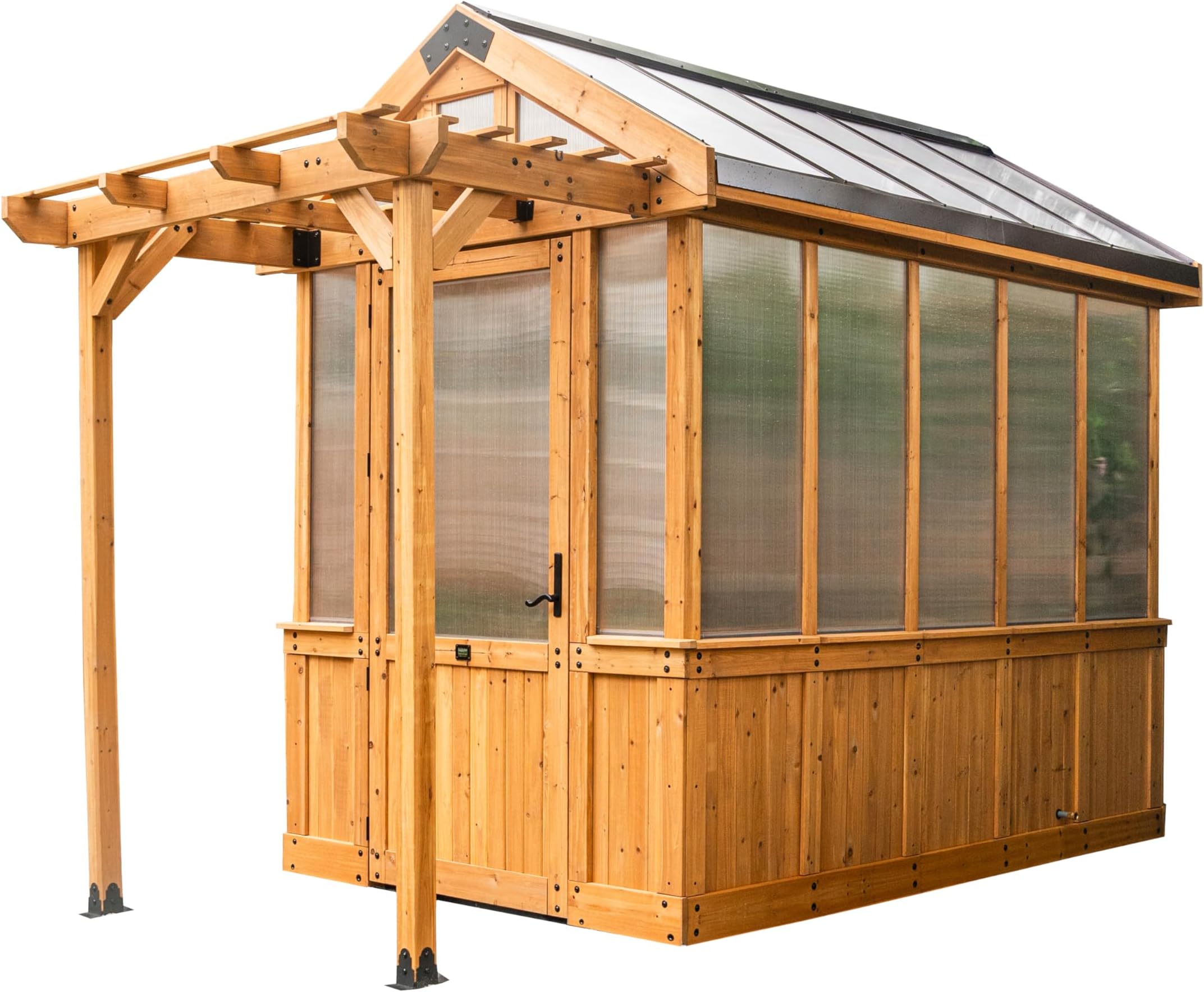 Bellerose 9' x 6' Cedar Wood and Polycarbonate Walk-in Greenhouse Kit with Pergola, Exhaust Fan, Windows, Hose Hook-Ups, PowerPort, Staging Shelves for Year-Round Outdoor Gardening
